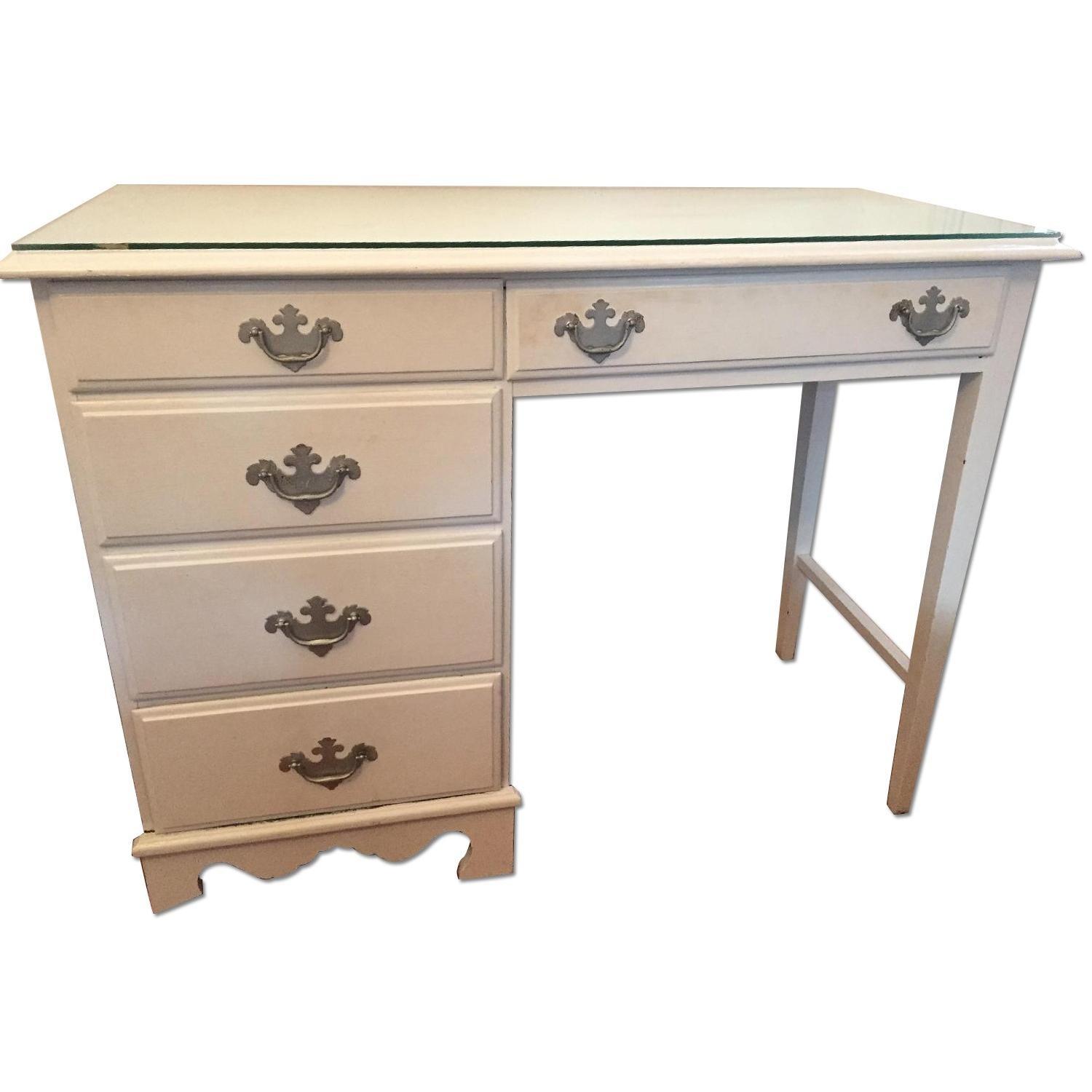 White Antique Desk w/ Glass Top - image-0