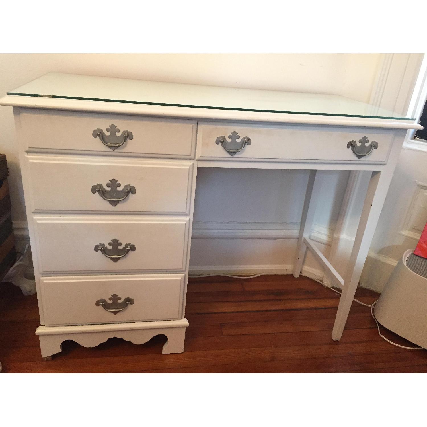 White Antique Desk w/ Glass Top - image-1