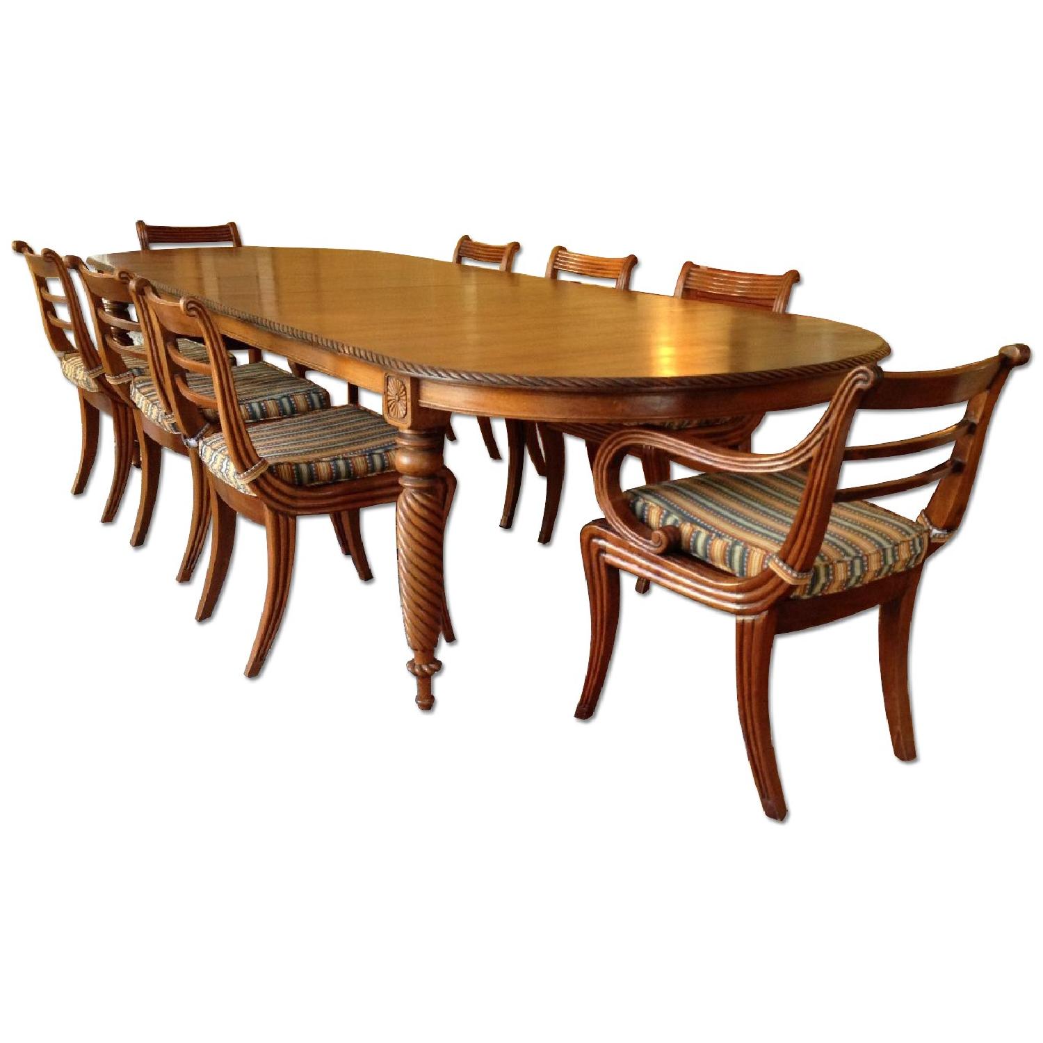 British Khaki Teak Dining Table w/ 10 Chairs AptDeco