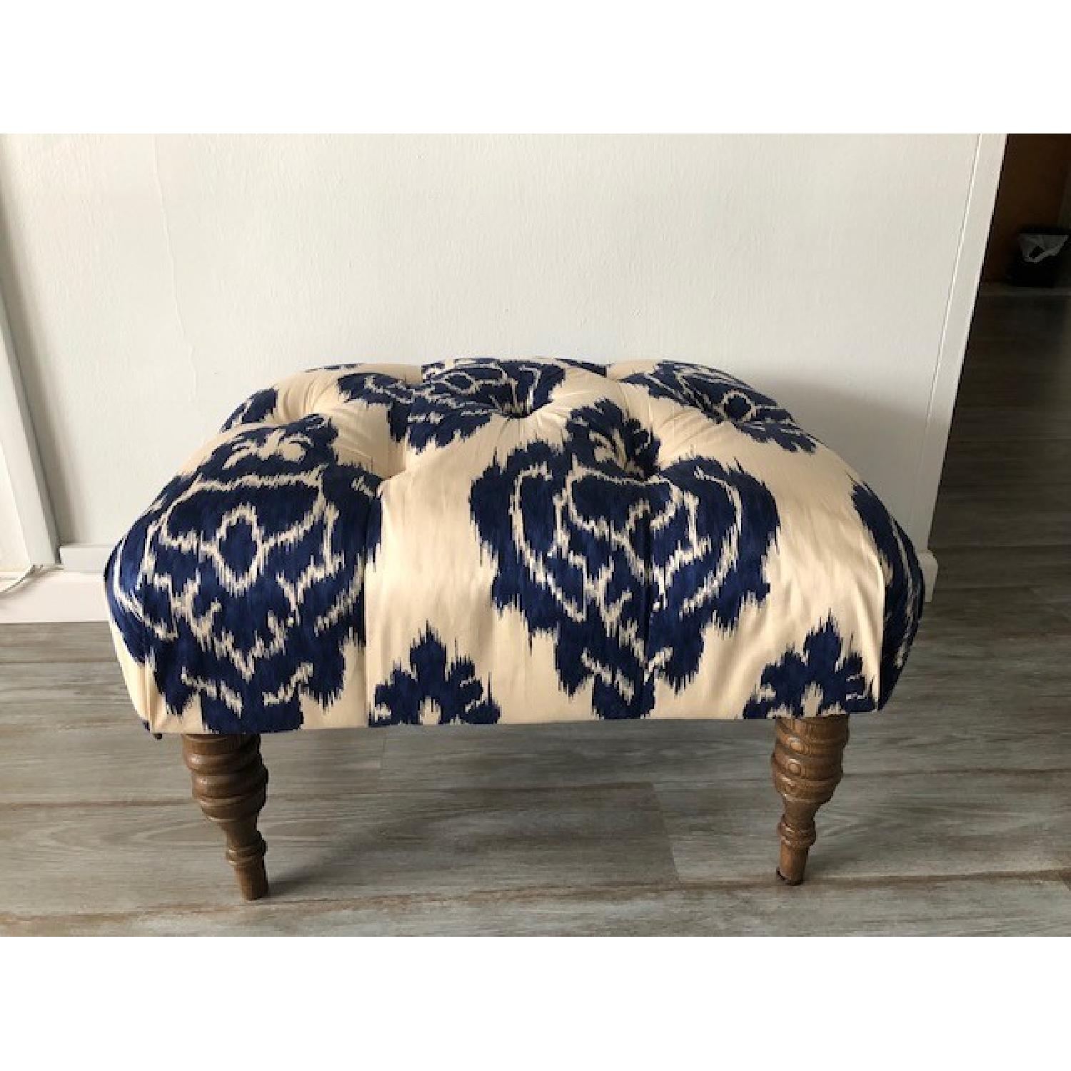 Horchow Emily Tufted Blue & White Ikat Ottoman - image-1