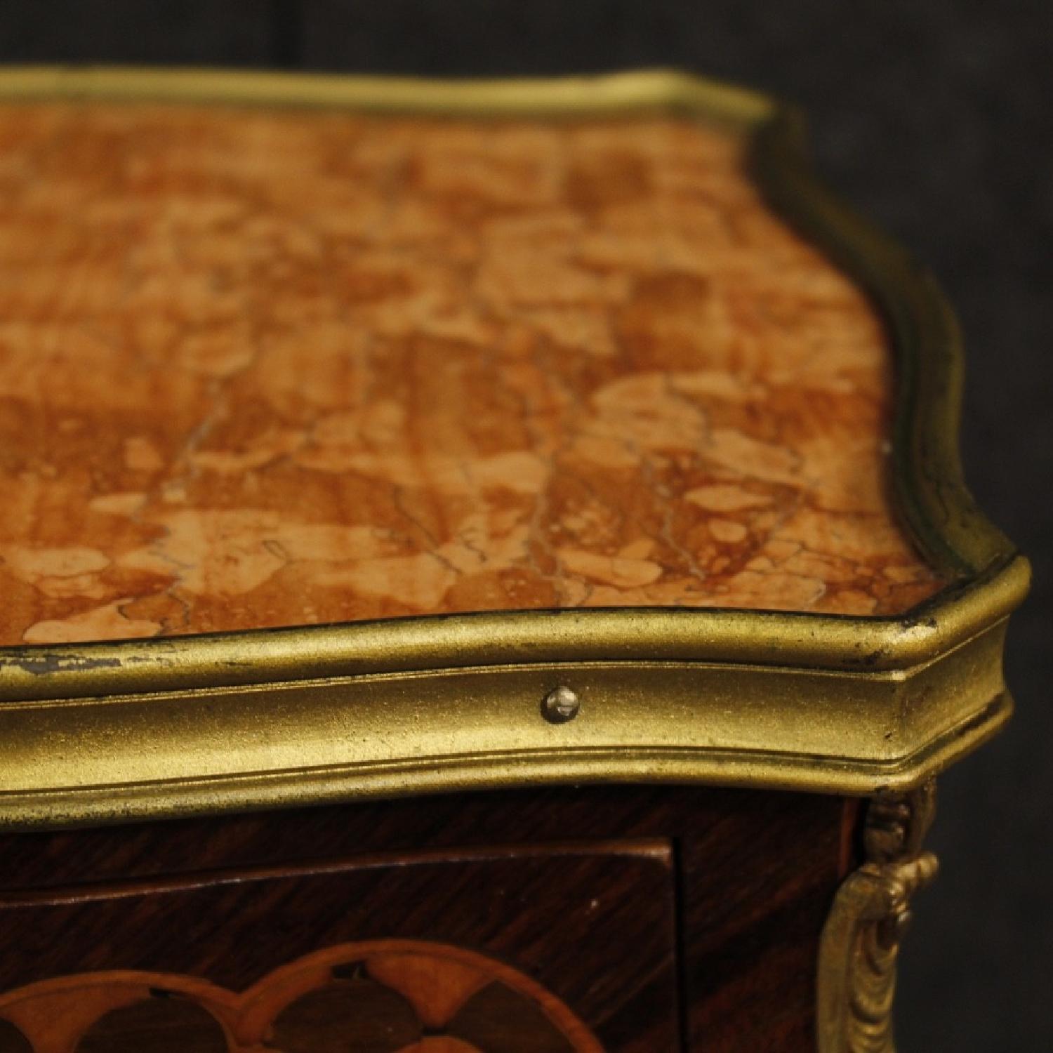 French Bedside Table in Inlaid Wood w/ Marble Top - image-1