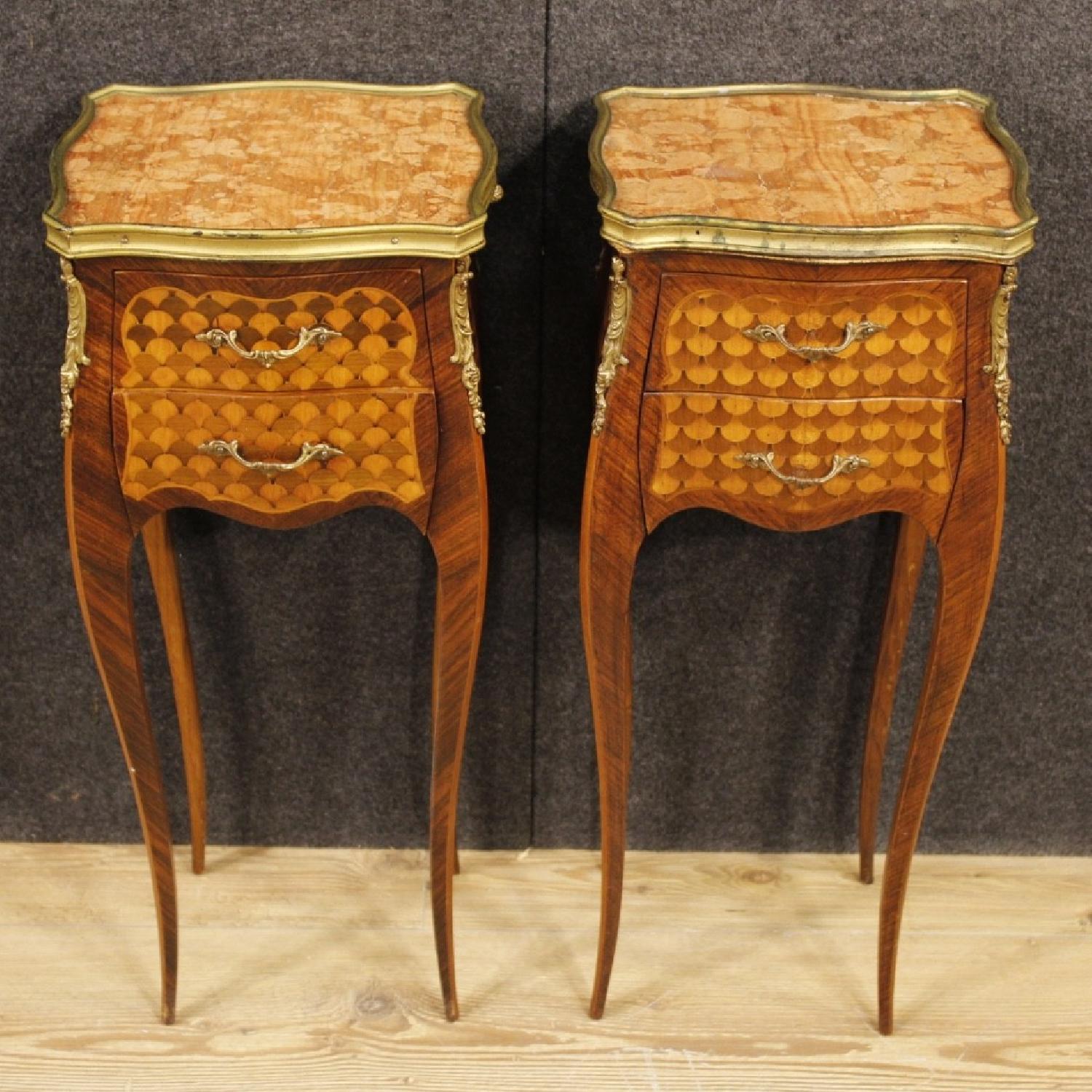 French Bedside Table in Inlaid Wood w/ Marble Top - image-2