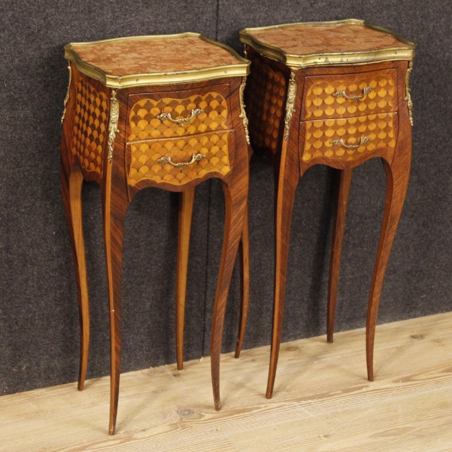 French Bedside Table in Inlaid Wood w/ Marble Top - image-3