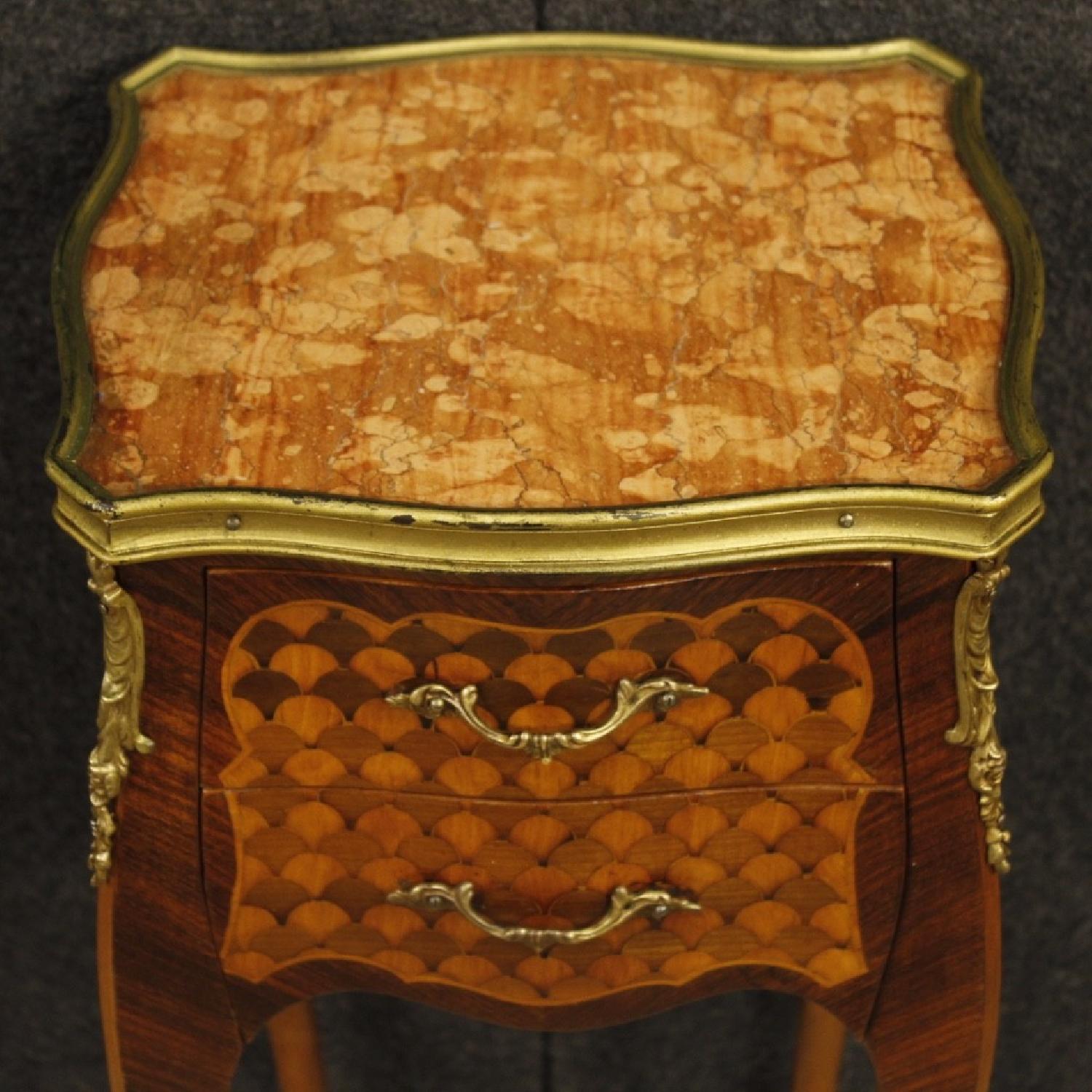 French Bedside Table in Inlaid Wood w/ Marble Top - image-4
