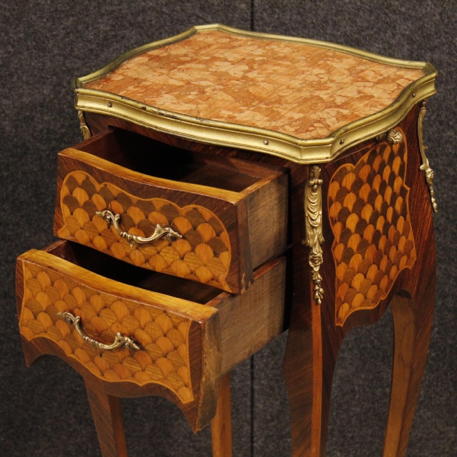 French Bedside Table in Inlaid Wood w/ Marble Top - image-5