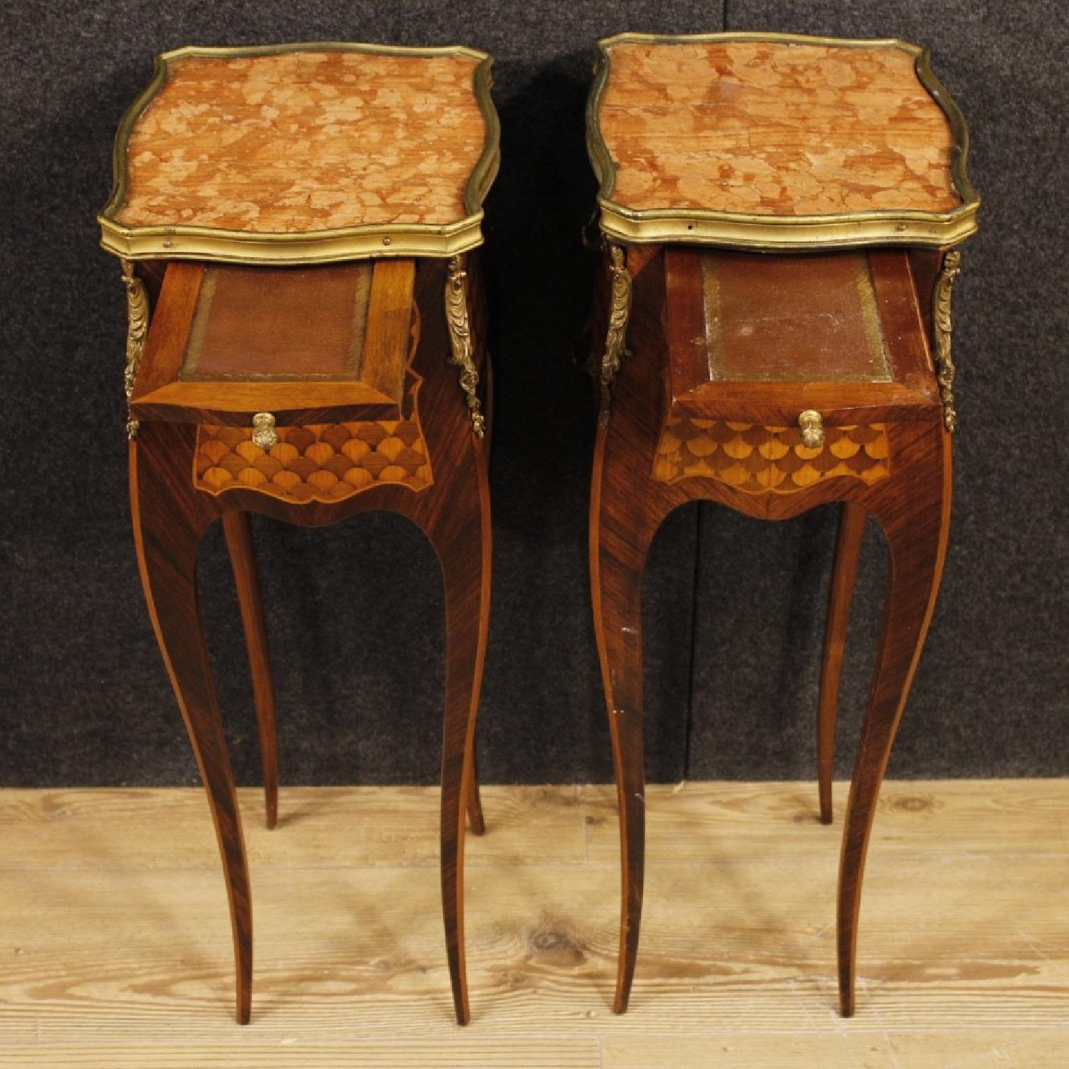 French Bedside Table in Inlaid Wood w/ Marble Top - image-6