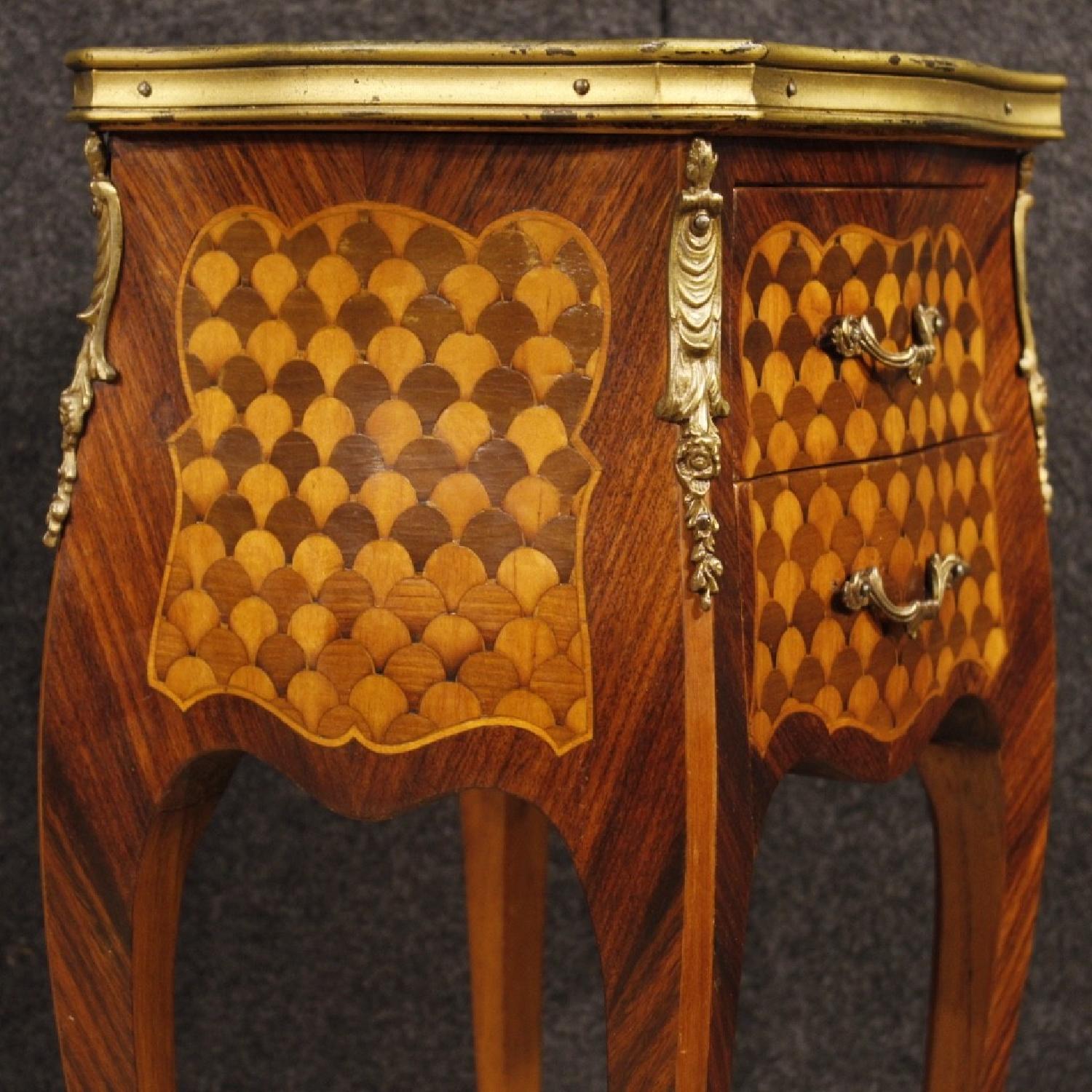 French Bedside Table in Inlaid Wood w/ Marble Top - image-7