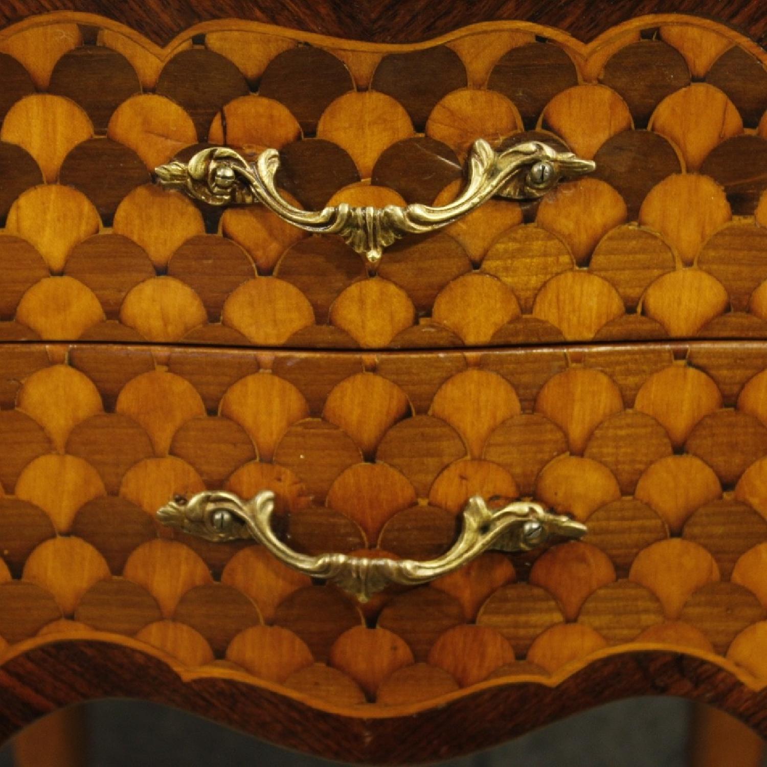 French Bedside Table in Inlaid Wood w/ Marble Top - image-9