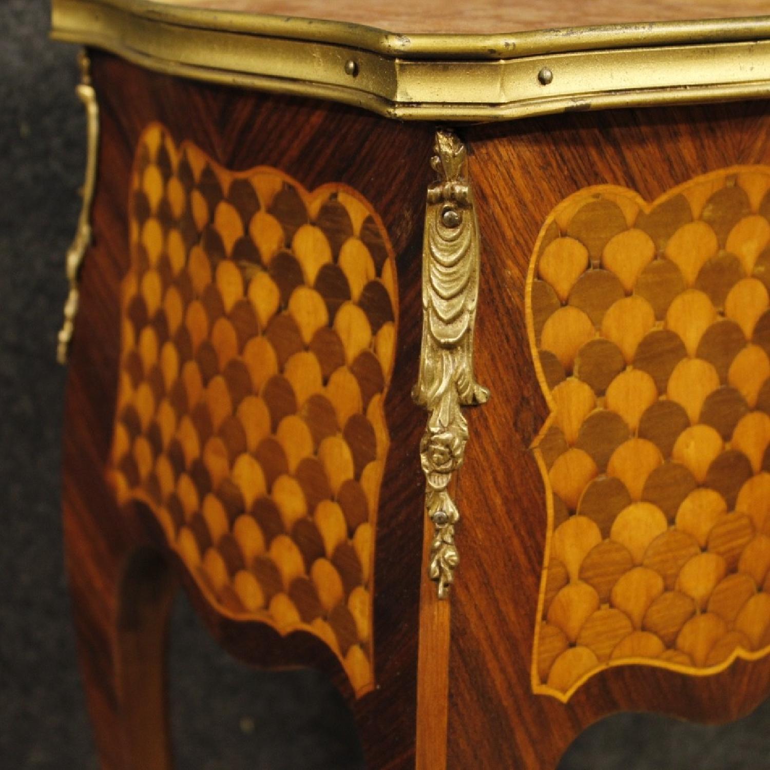 French Bedside Table in Inlaid Wood w/ Marble Top - image-11