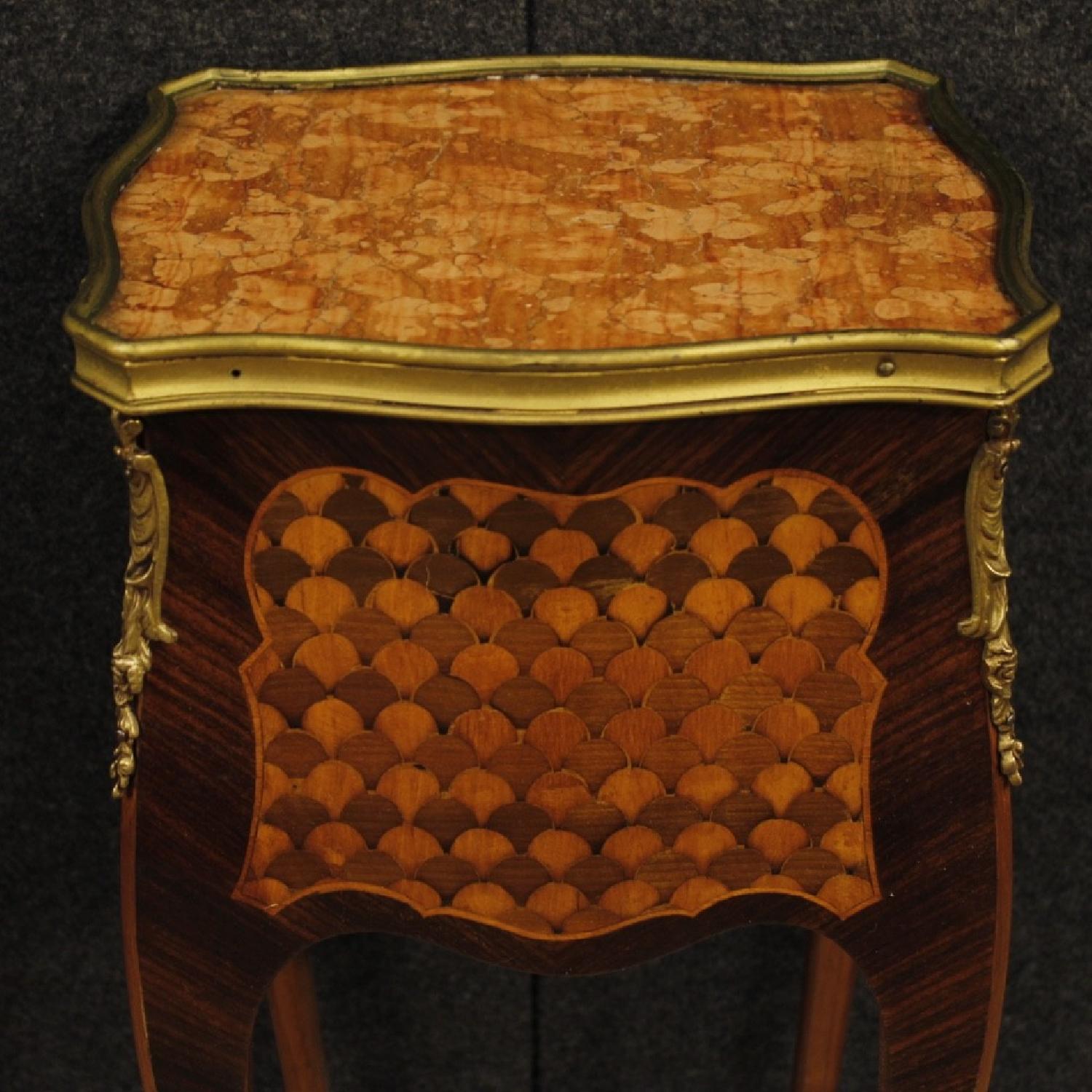 French Bedside Table in Inlaid Wood w/ Marble Top - image-12