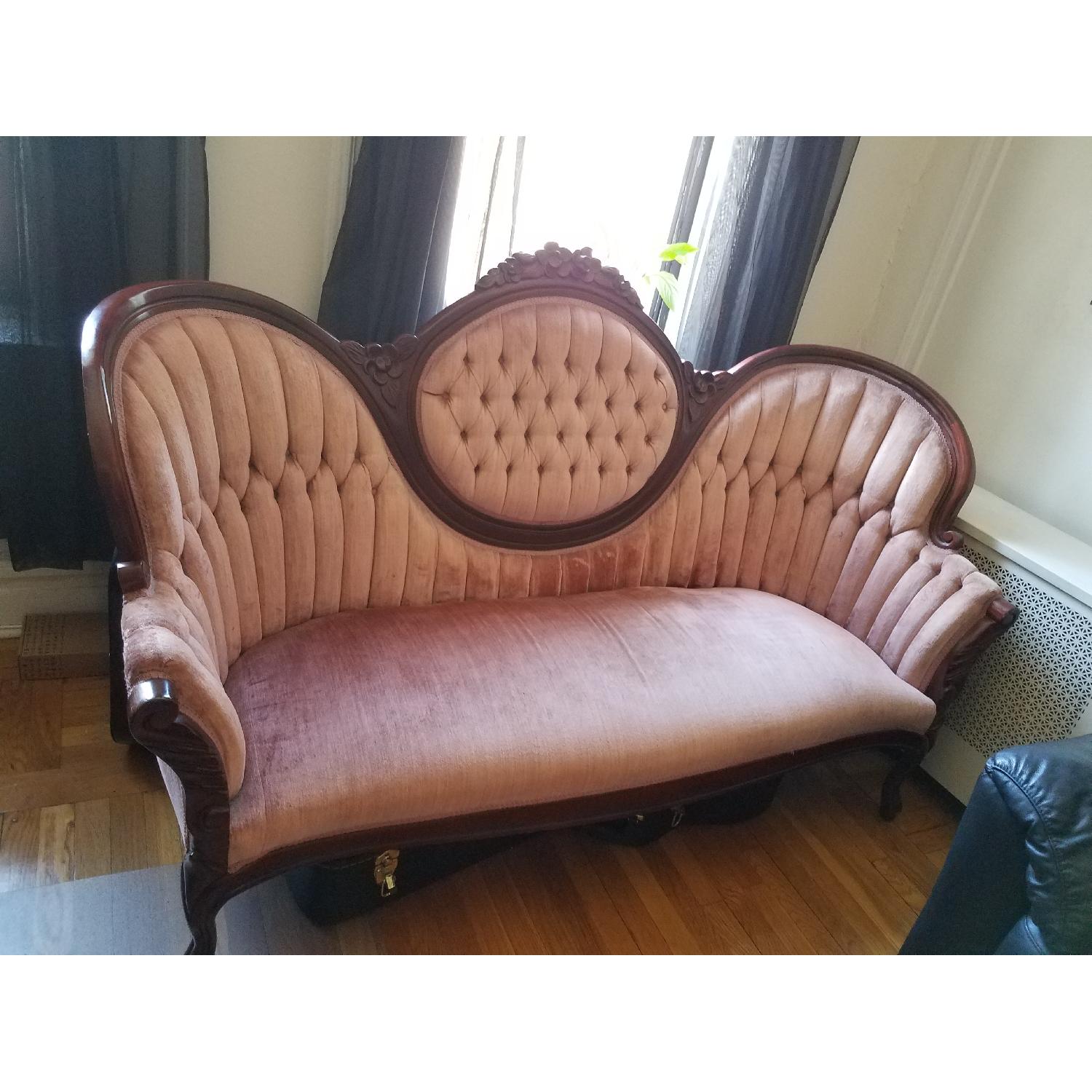Vintage Victorian Pink Tufted-Back Sofa w/ Wood Carvings - image-1