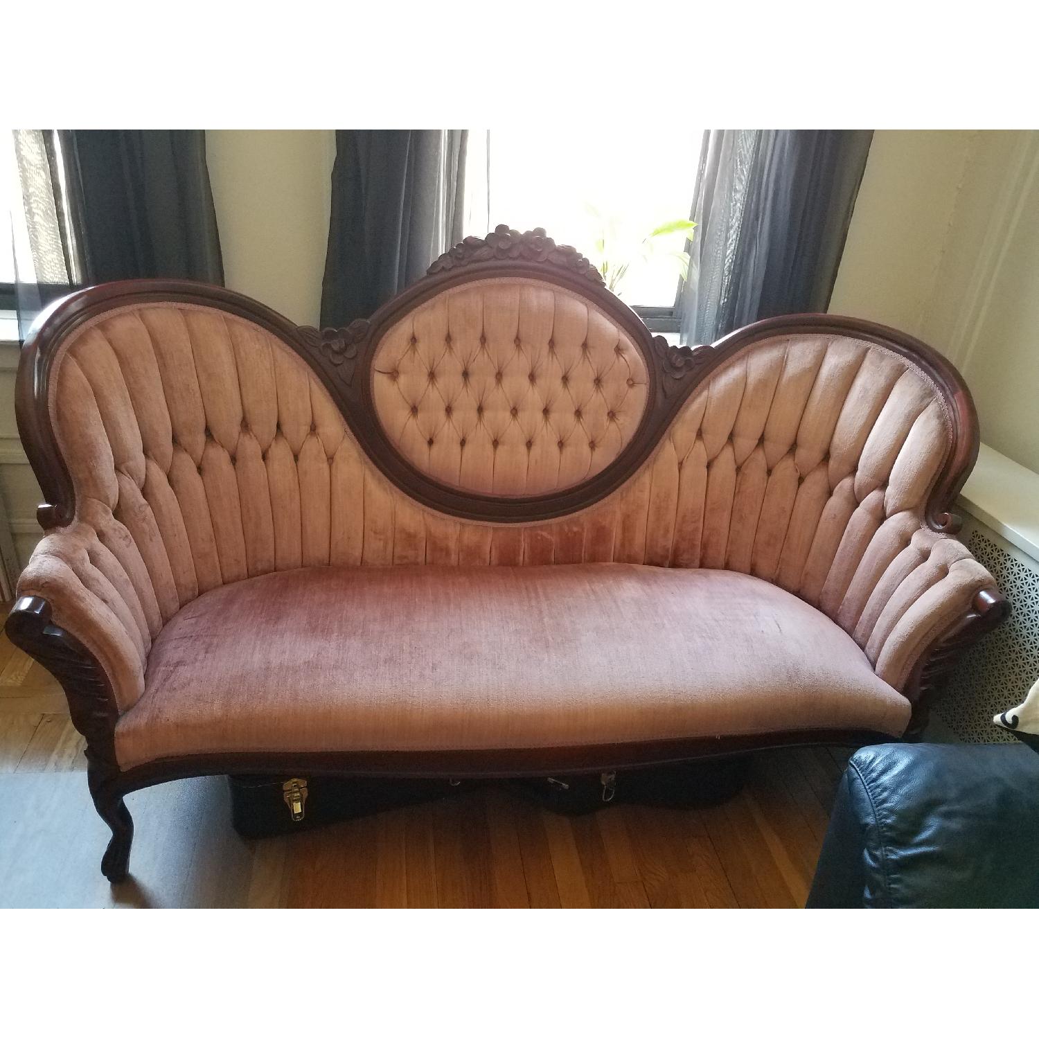 Vintage Victorian Pink Tufted-Back Sofa w/ Wood Carvings - image-2