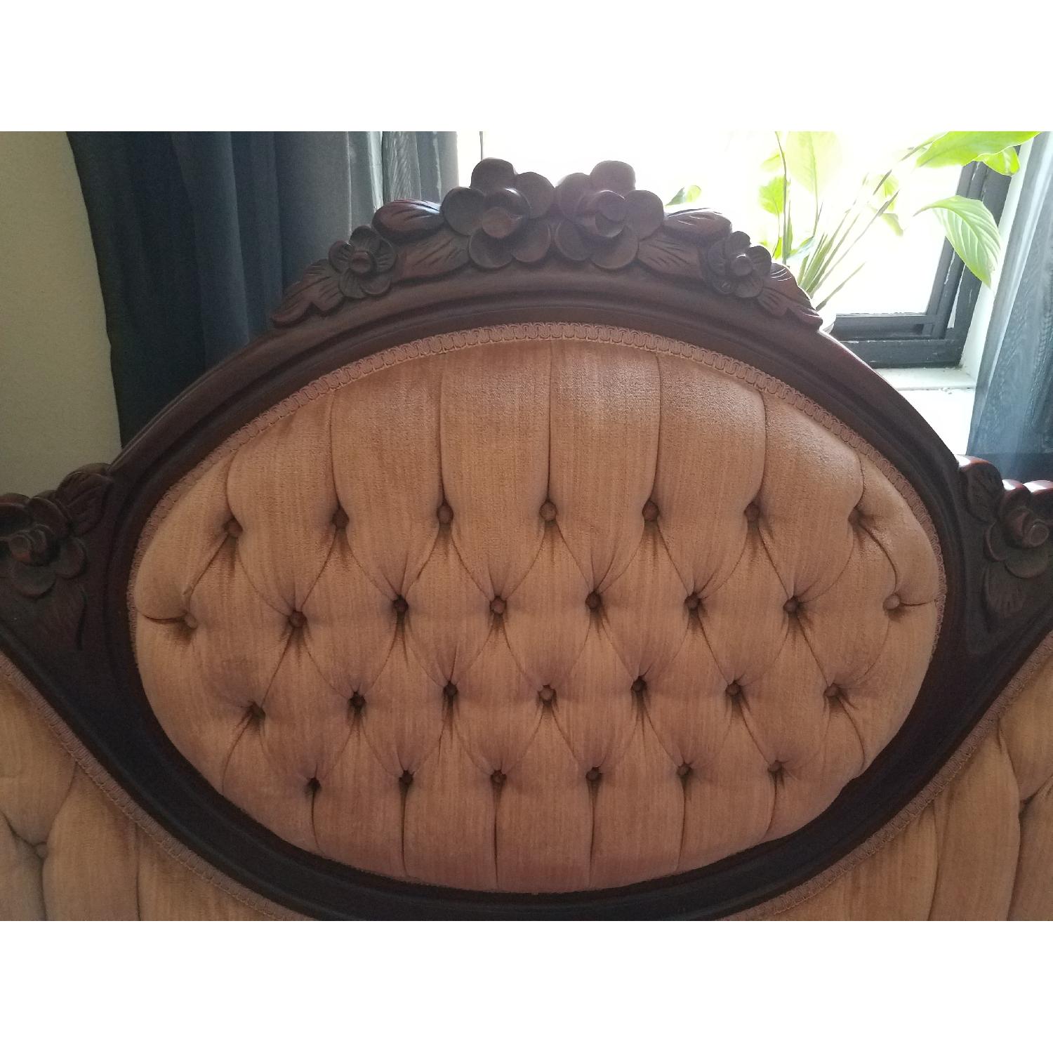 Vintage Victorian Pink Tufted-Back Sofa w/ Wood Carvings - image-3