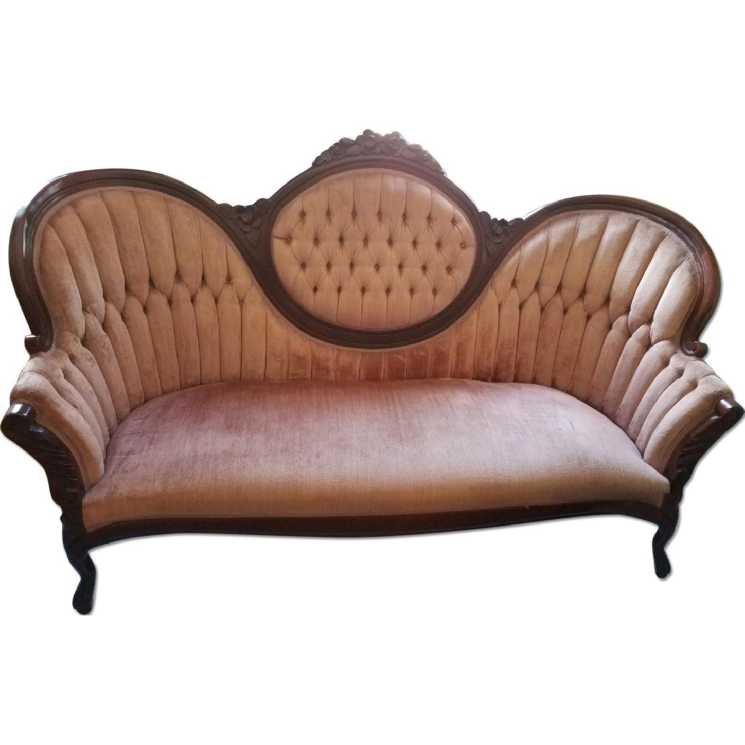 Vintage Victorian Pink Tufted-Back Sofa w/ Wood Carvings - image-5