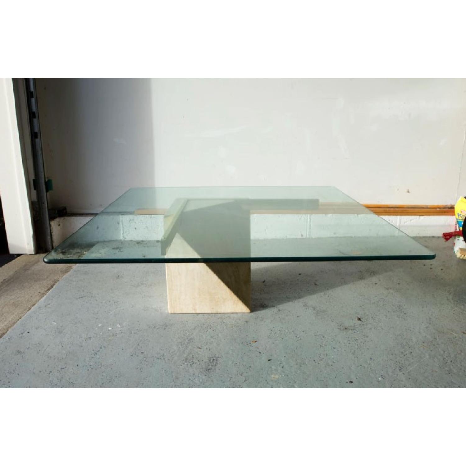 Vintage Glass Top w/ Stone & Metal Base Coffee Table - image-1