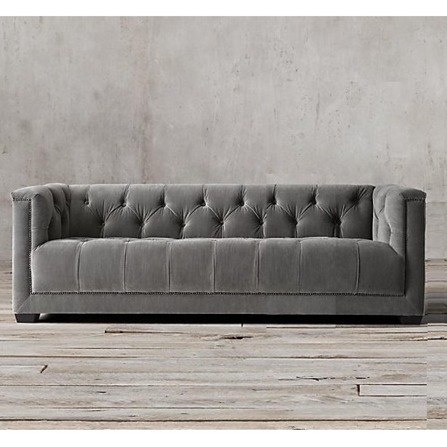 Restoration Hardware Tufted Grey Sofa - image-6