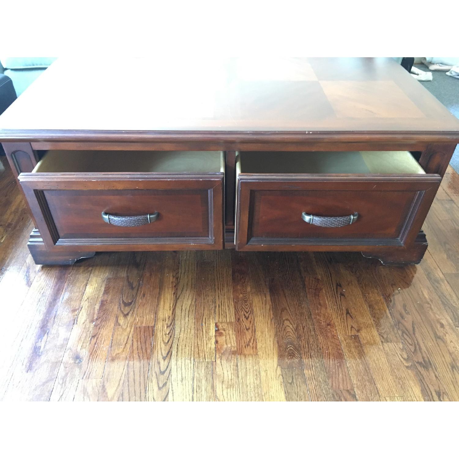 Mahogany Wooden Coffee Table w/ Sliding Drawers & Wheels - image-2