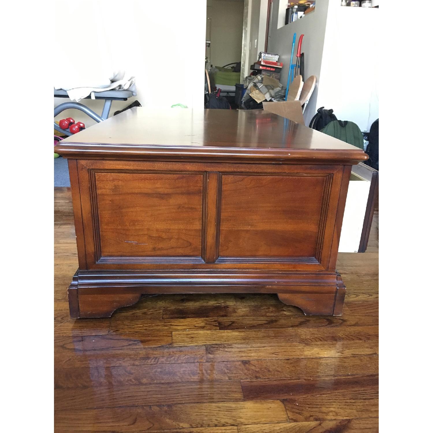Mahogany Wooden Coffee Table w/ Sliding Drawers & Wheels - image-3