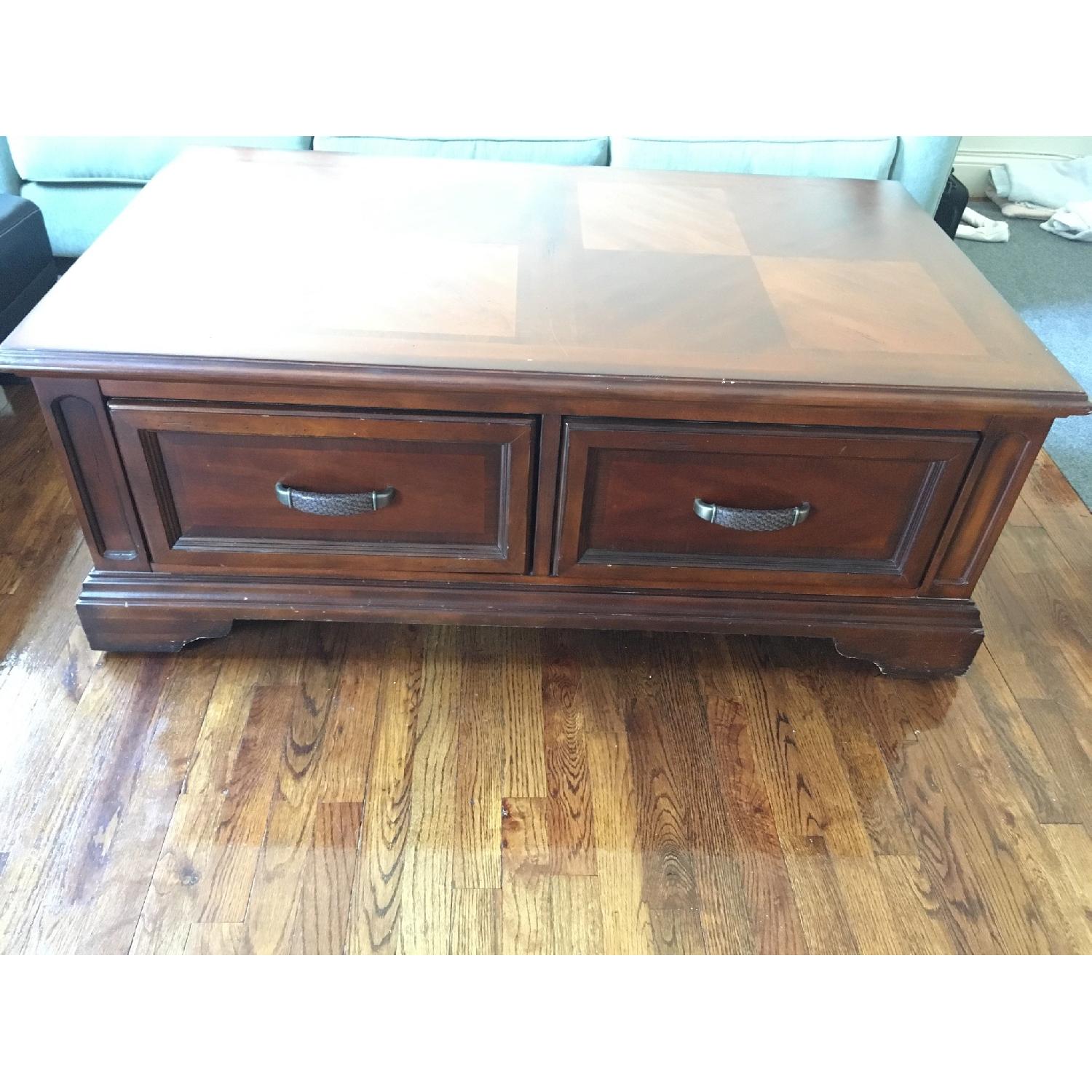 Mahogany Wooden Coffee Table w/ Sliding Drawers & Wheels - image-5