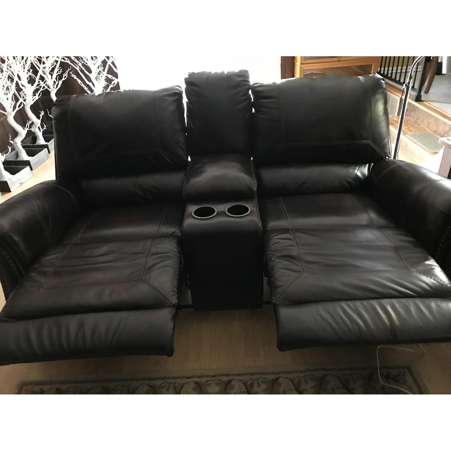 Ashley Brown 2 Seat Leather Sofa w/ Console & Nailhead Trim - image-1