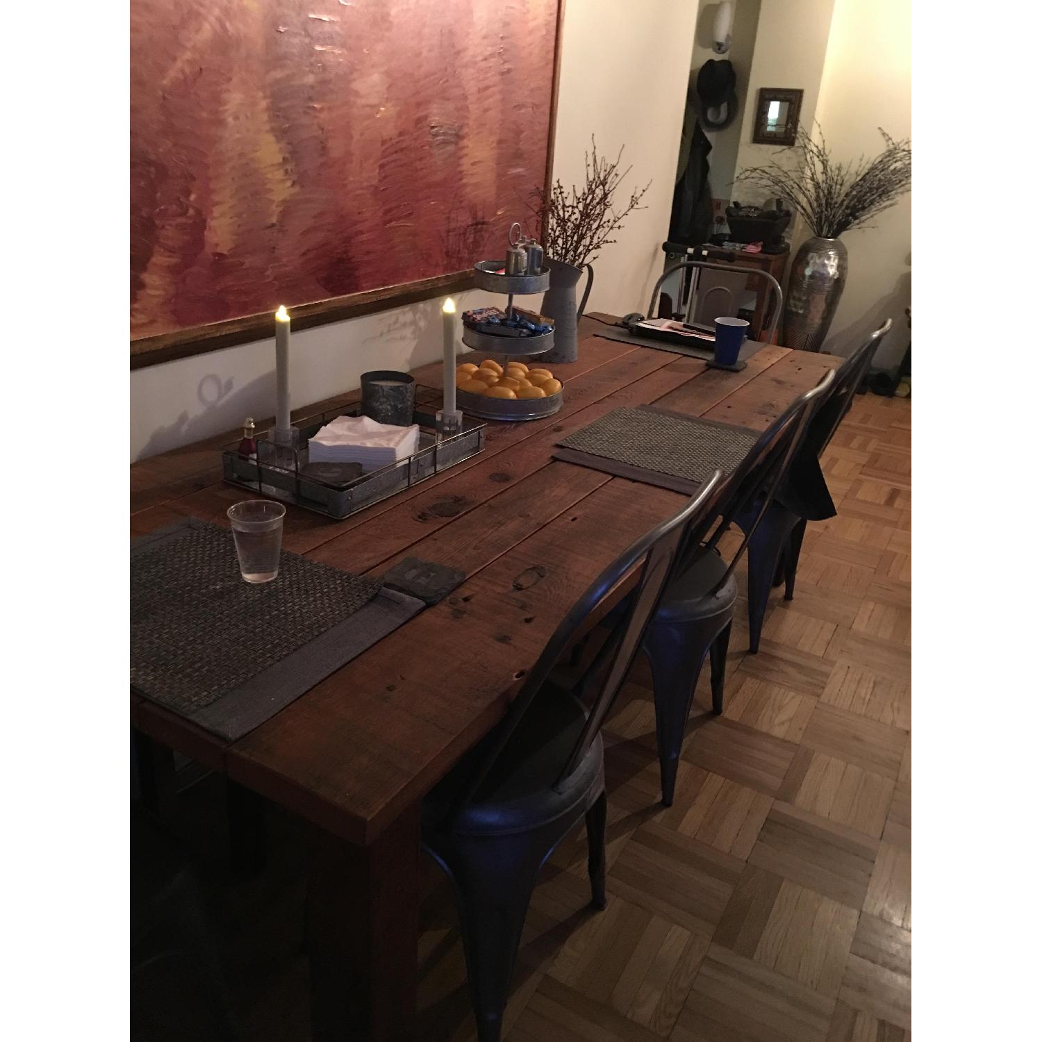 Solid Rustic Wood Dining Table w/ 5 Steel Chairs & 1 Bench - AptDeco