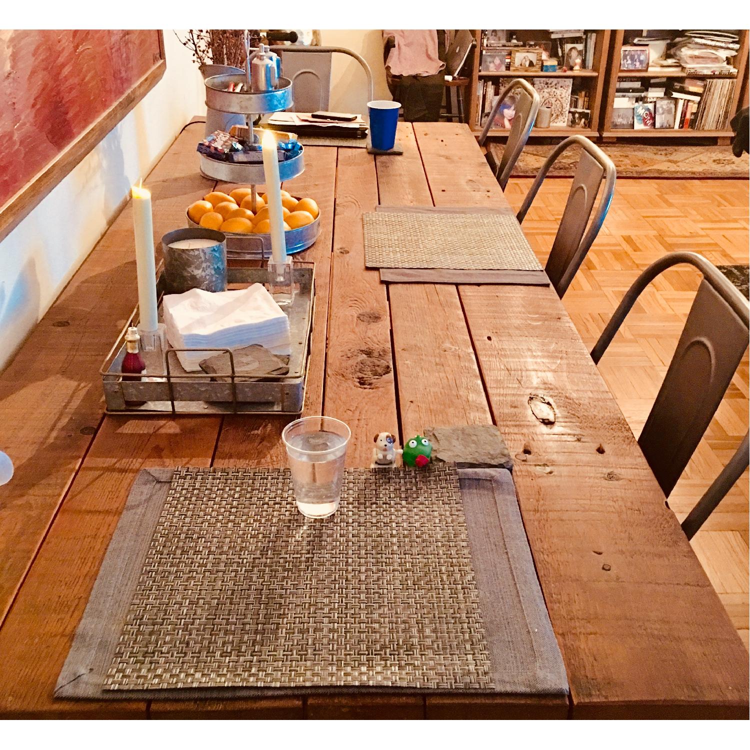 Solid Rustic Wood Dining Table w/ 5 Steel Chairs & 1 Bench - AptDeco