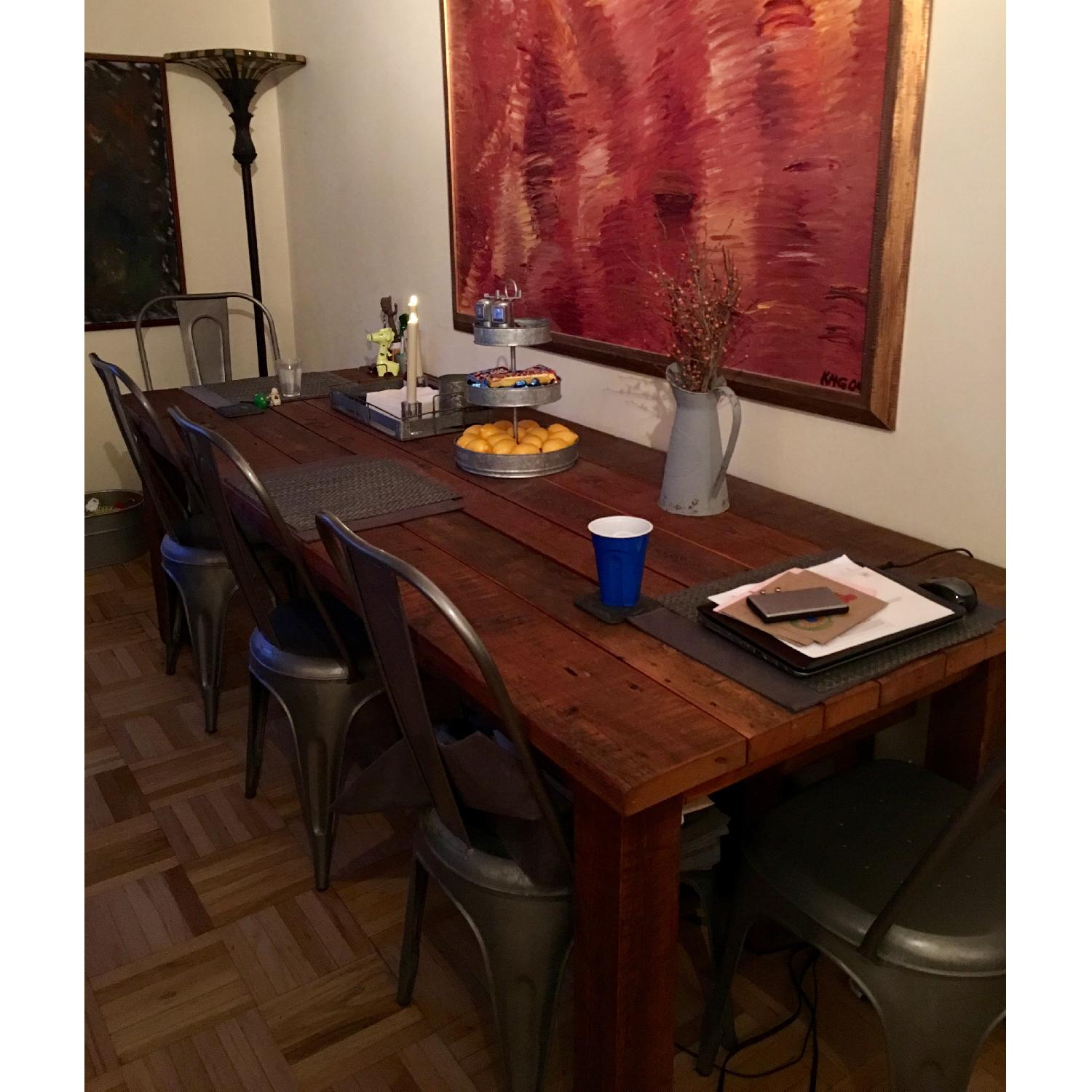 Solid Rustic Wood Dining Table w/ 5 Steel Chairs & 1 Bench - AptDeco