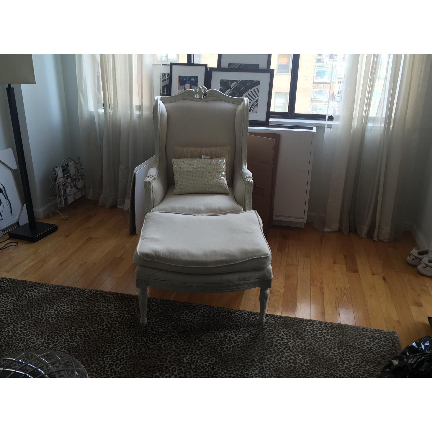 Antique White Wood Accent Chair & Ottoman AptDeco