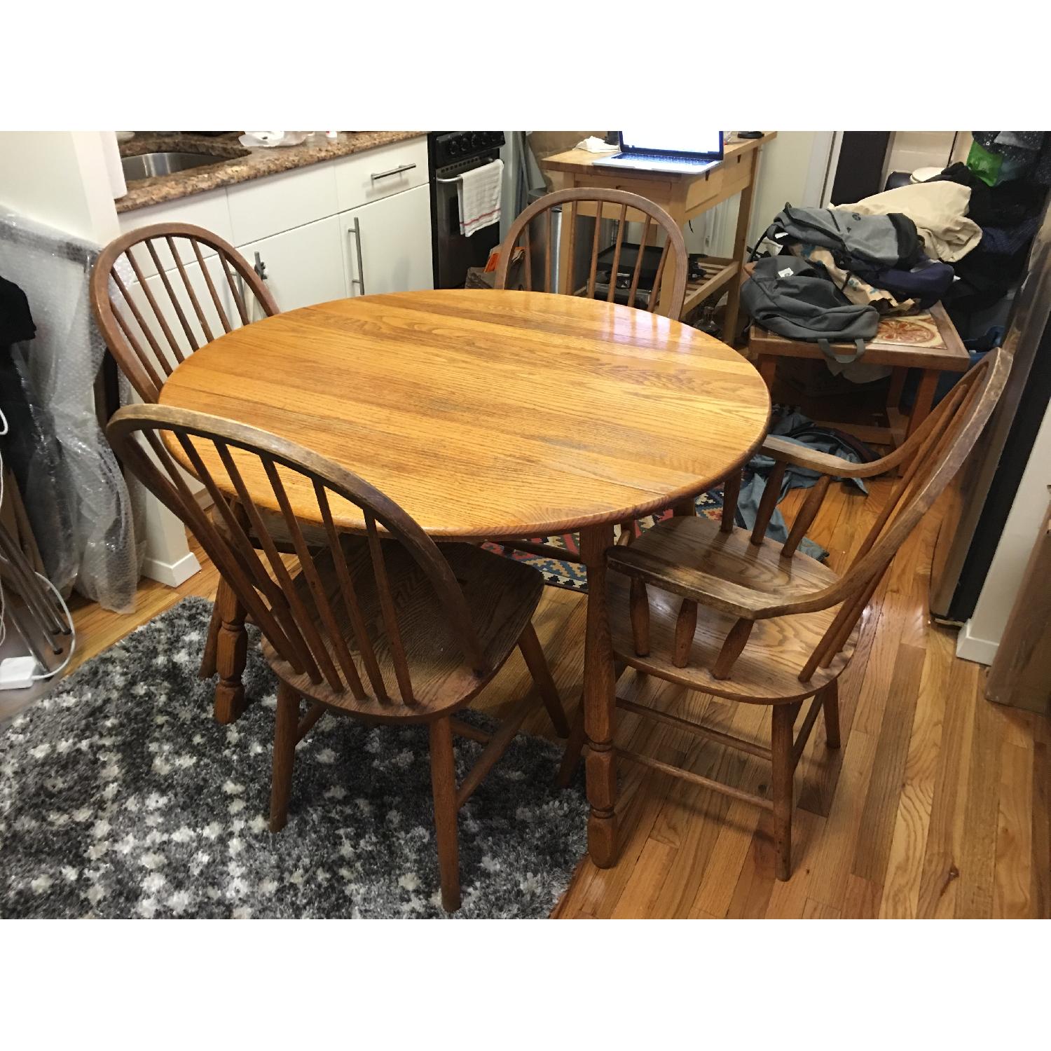 Solid Oak Drop Round Leaf Table w/ 4 Chairs - image-1