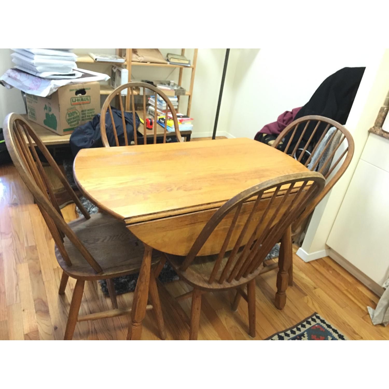 Solid Oak Drop Round Leaf Table w/ 4 Chairs - image-3