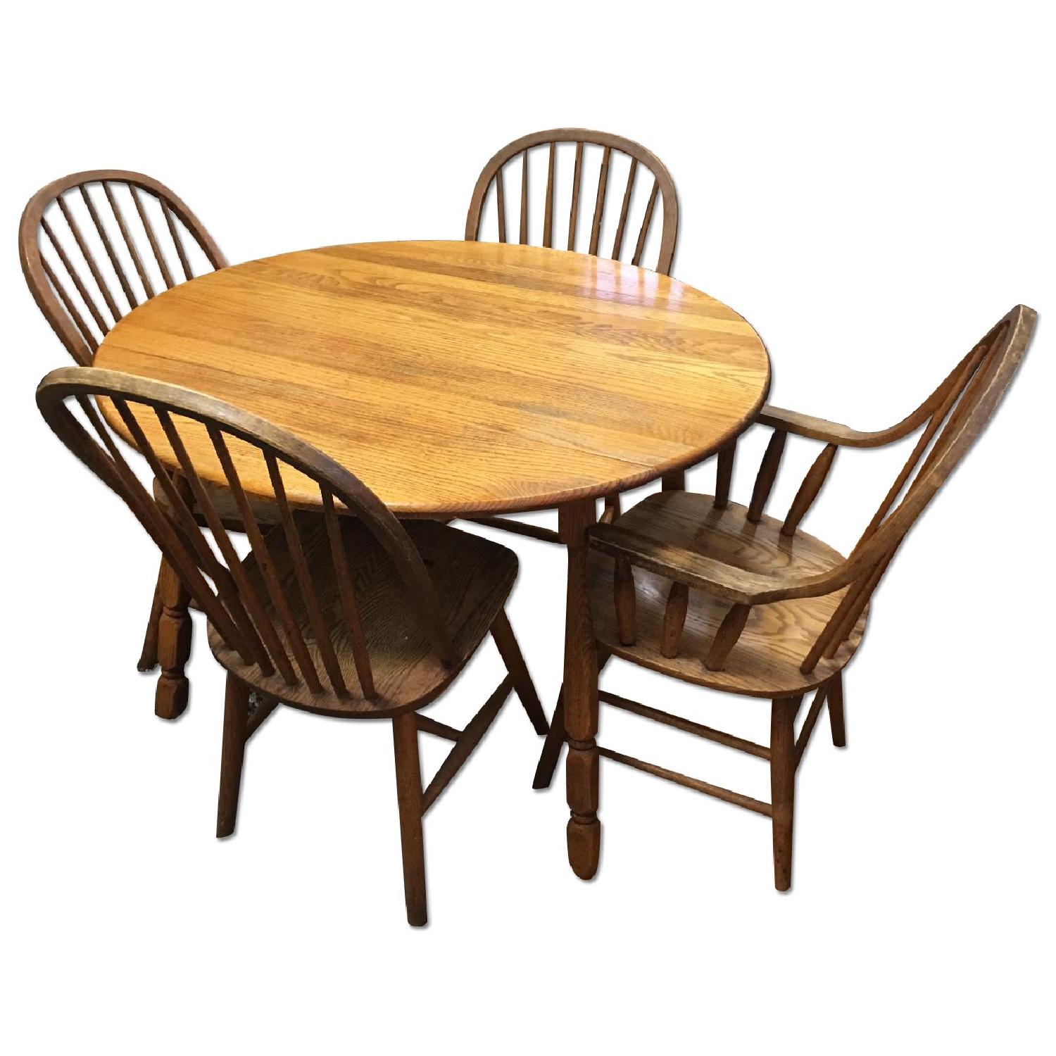Solid Oak Drop Round Leaf Table w/ 4 Chairs - image-0