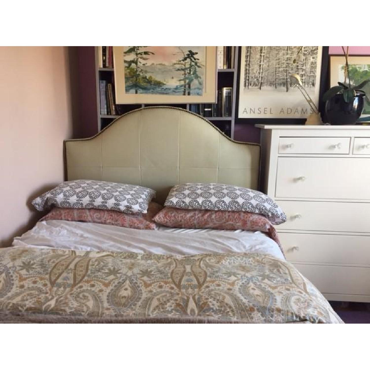 Ballard Design Full Size Bed Frame w/ Camden Untufted Beige Leather Nail heads Headboard - image-1