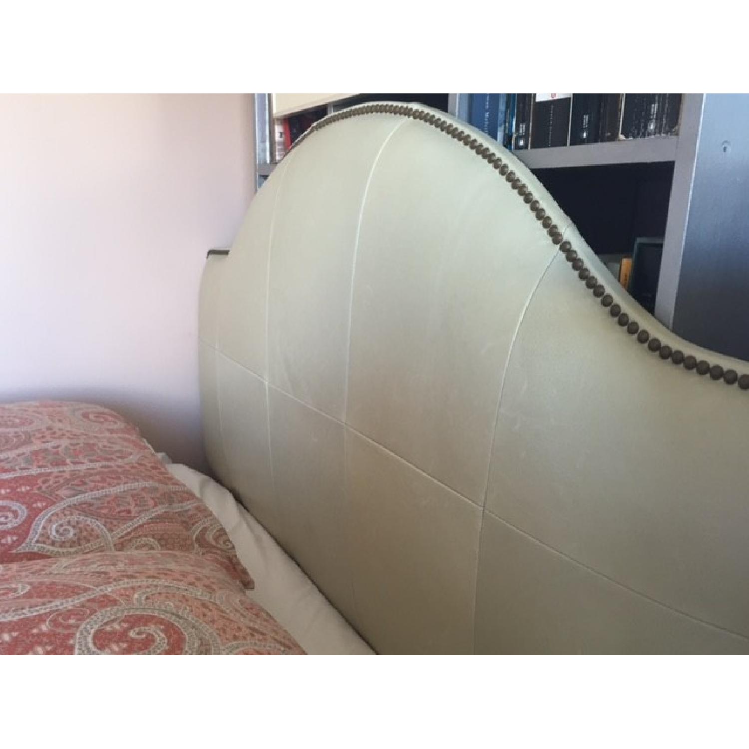 Ballard Design Full Size Bed Frame w/ Camden Untufted Beige Leather Nail heads Headboard - image-2