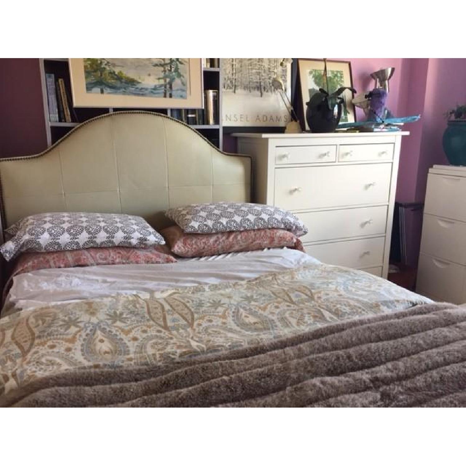 Ballard Design Full Size Bed Frame w/ Camden Untufted Beige Leather Nail heads Headboard - image-3