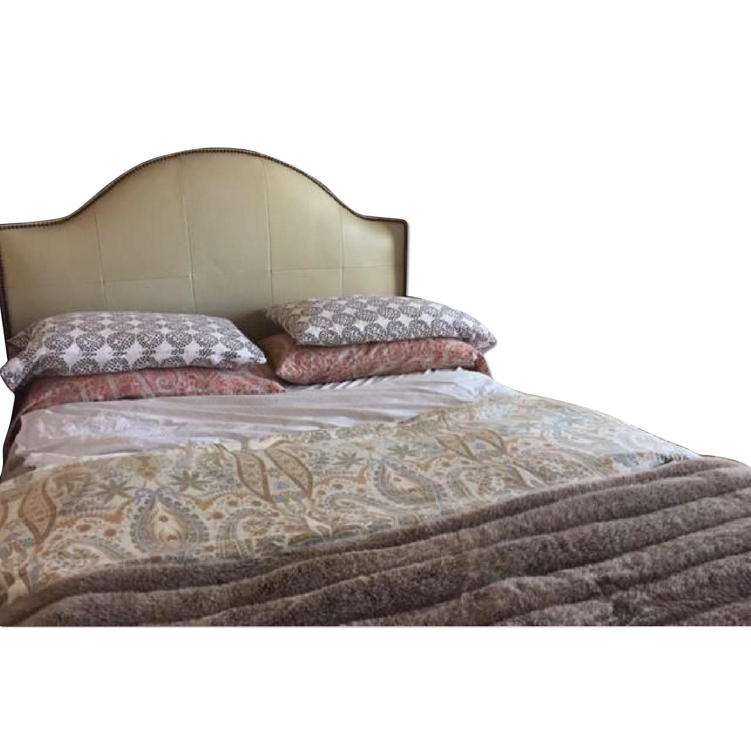 Ballard Design Full Size Bed Frame w/ Camden Untufted Beige Leather Nail heads Headboard - image-0