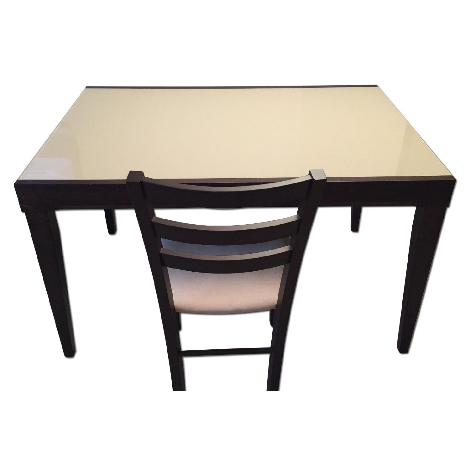 Macy's Cafe Latte Glass Top Extendable Dining Table w/ 6 Chairs AptDeco