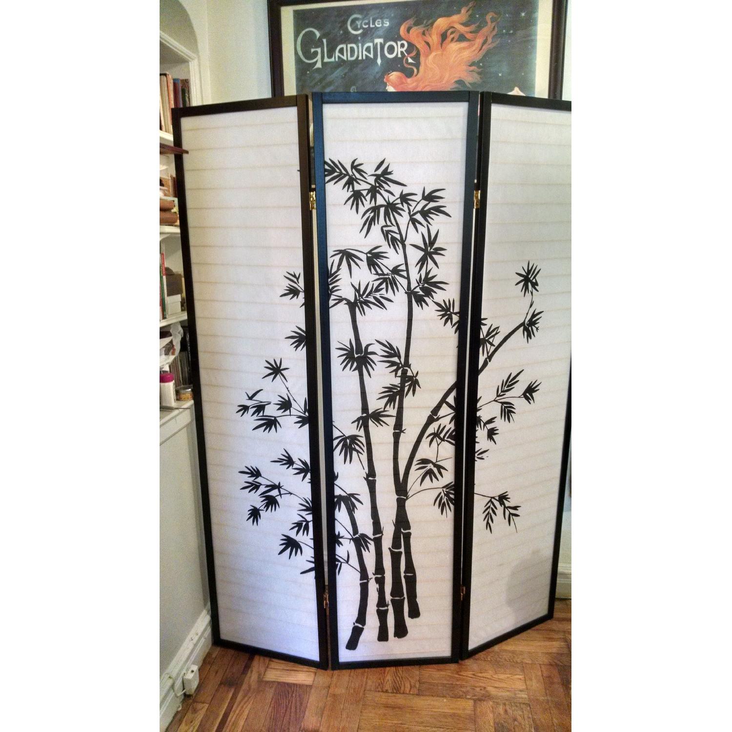 Bamboo Print Oriental Shoji 3 Panel Screen in Black - image-1