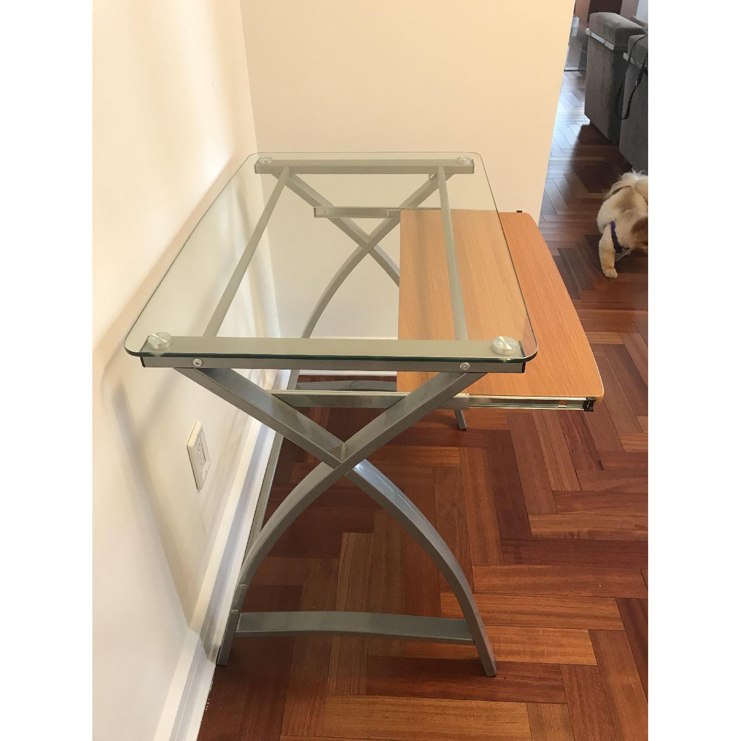 Glass & Metal Small Desk w/ Pull Out Keyboard Shelf - image-4