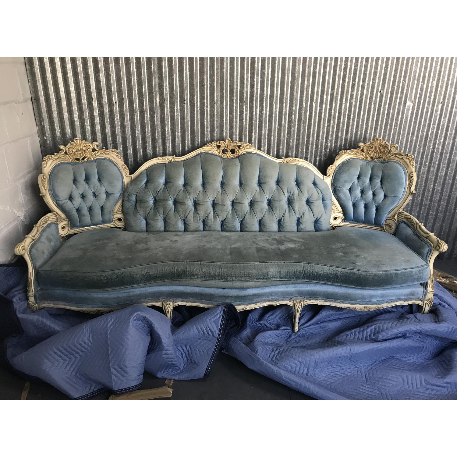 Vintage 19th Century Victorian Blue Velvet Carved Sofa - image-1