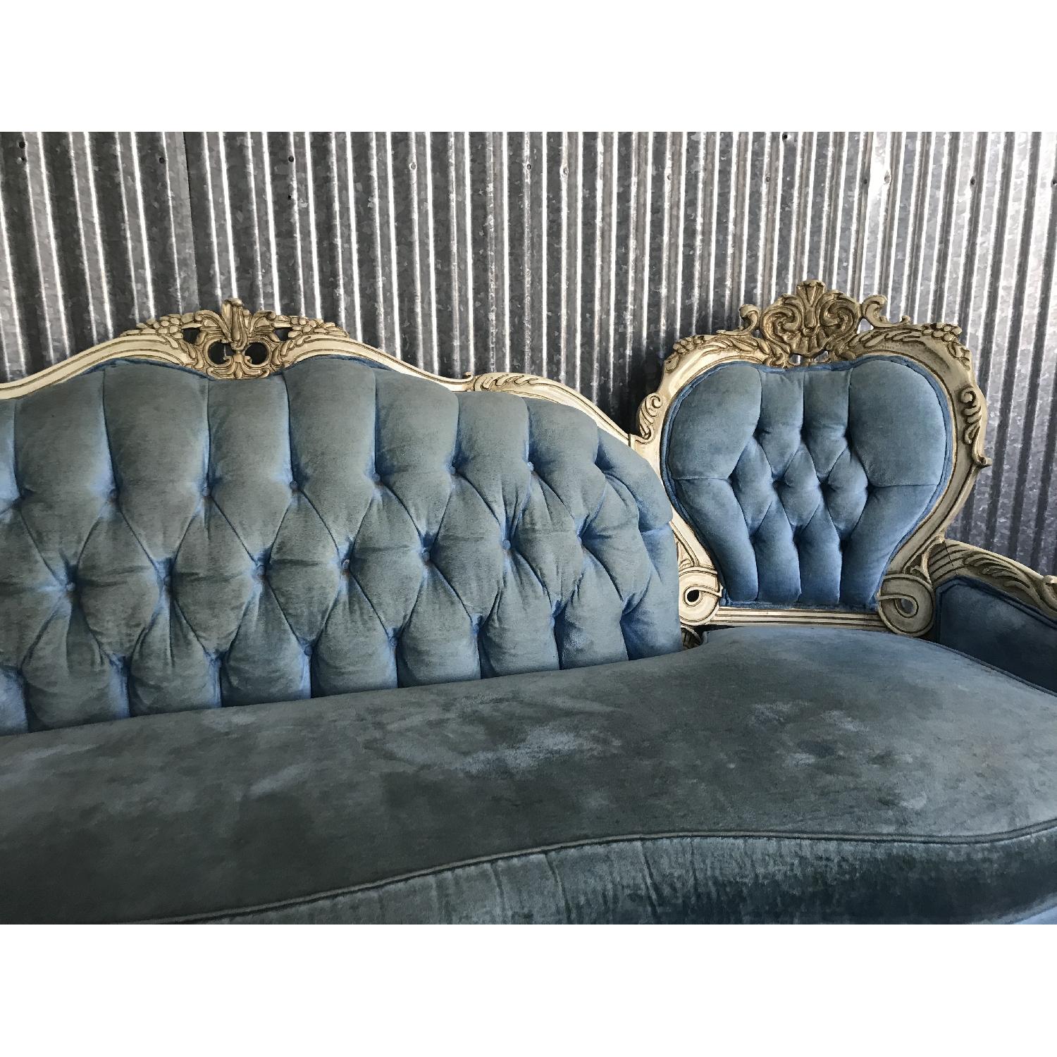 Vintage 19th Century Victorian Blue Velvet Carved Sofa AptDeco