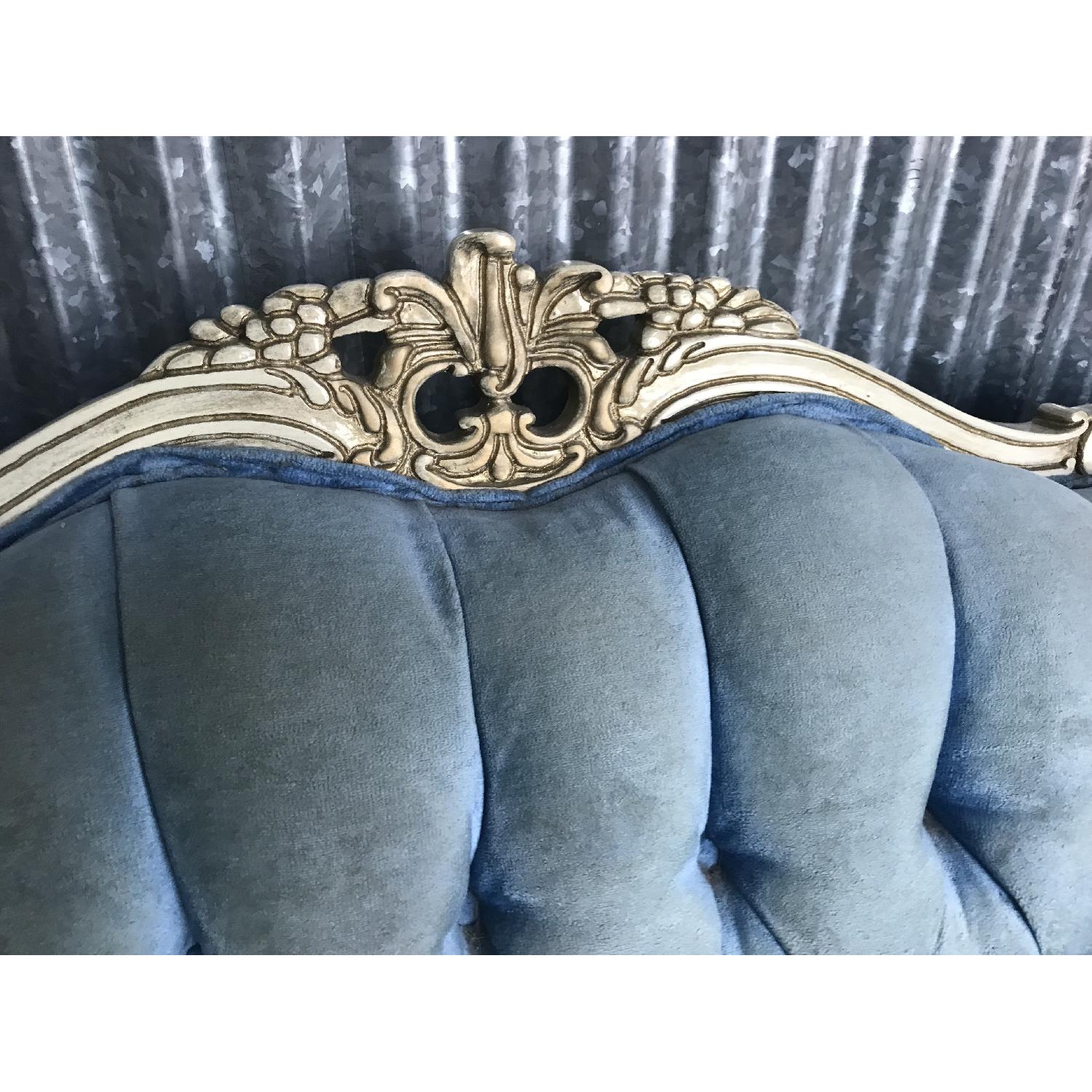 Vintage 19th Century Victorian Blue Velvet Carved Sofa AptDeco