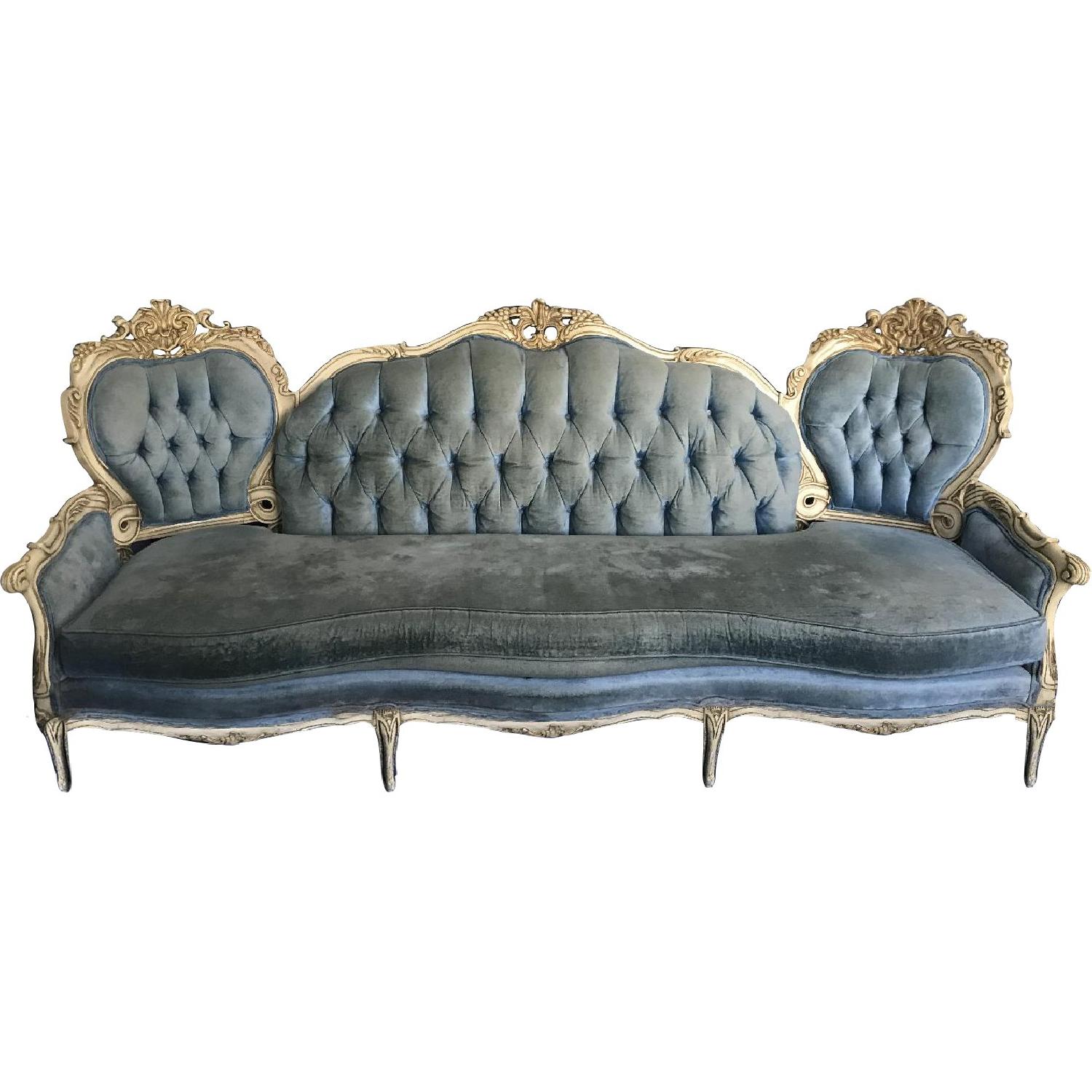 Vintage 19th Century Victorian Blue Velvet Carved Sofa - image-0