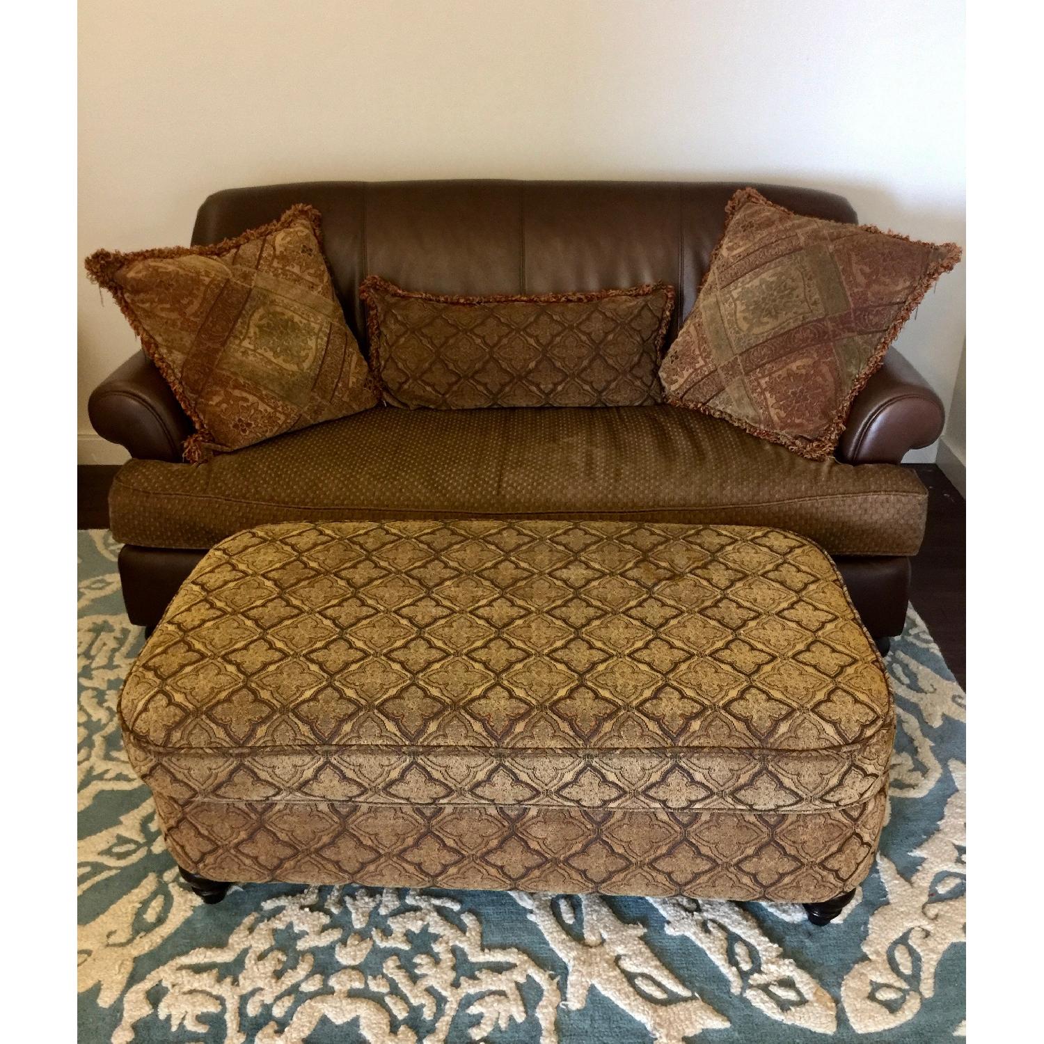 Bernhardt Brown Leather/Fabric Loveseat w/ Ottoman & Pillows - image-1