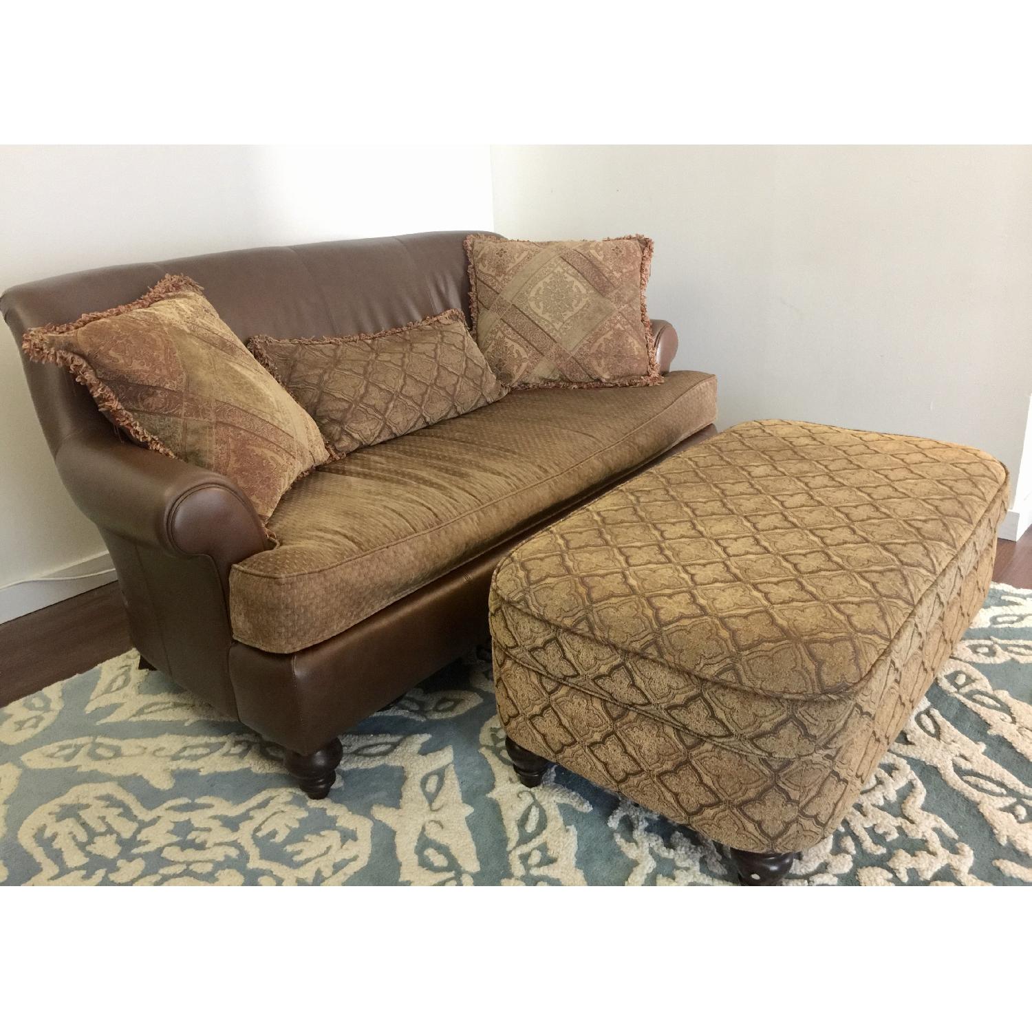 Bernhardt Brown Leather/Fabric Loveseat w/ Ottoman & Pillows - image-2