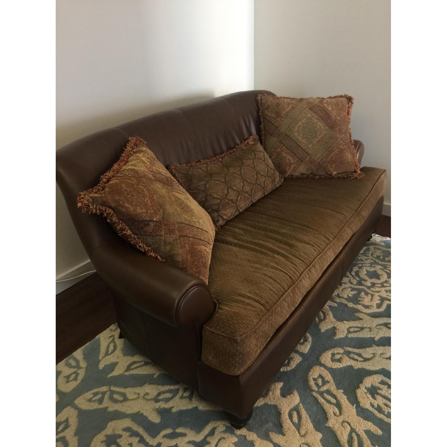 Bernhardt Brown Leather/Fabric Loveseat w/ Ottoman & Pillows - image-3