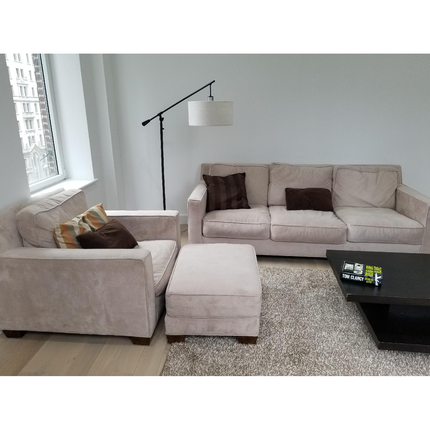 Crate & Barrel Beige 3 Seater Sofa + Armchair & Ottoman - image-1
