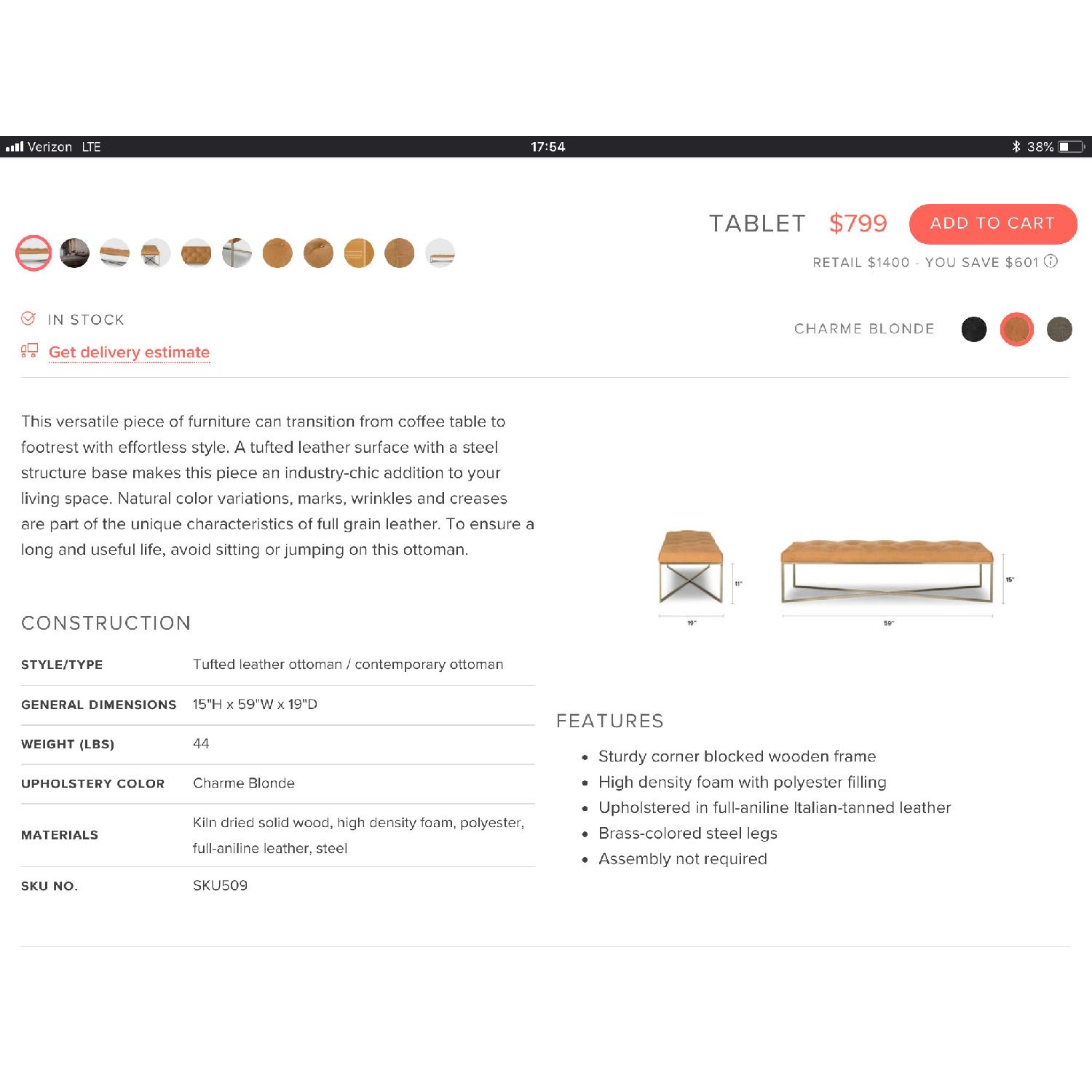 Article Tufted Blonde Leather Rectangular Ottoman - image-9