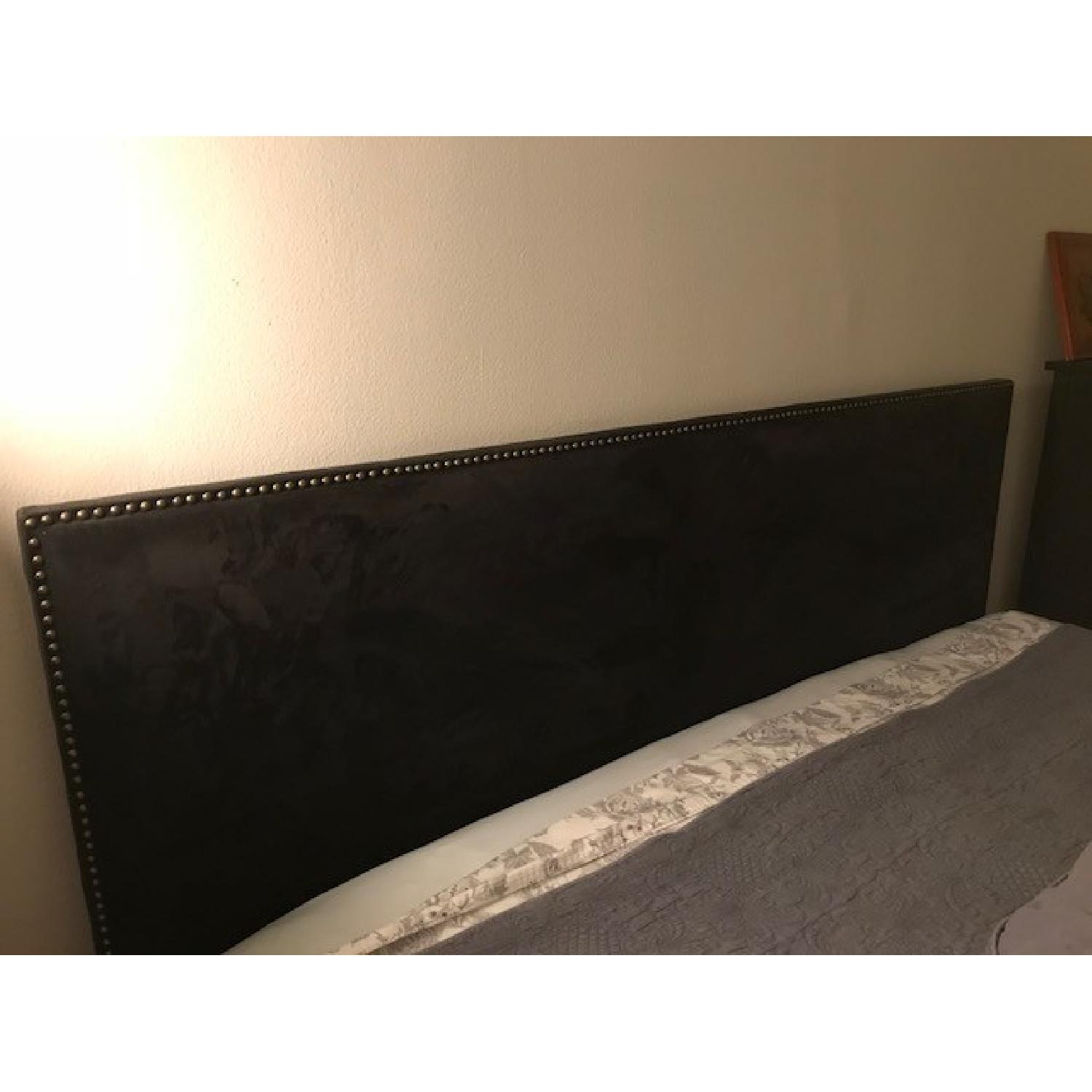 Microsuede Grey Upholstered King Bed w/ Studded Headboard - image-1