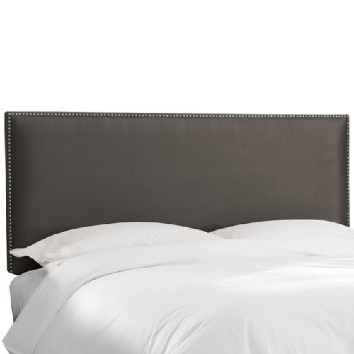 Microsuede Grey Upholstered King Bed w/ Studded Headboard - image-5