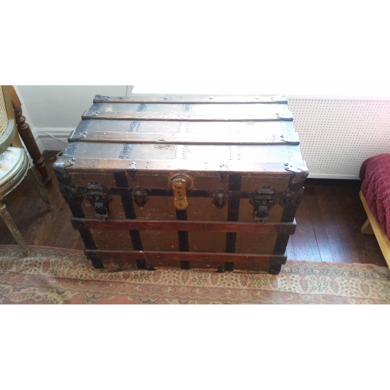 Antique Wood & Brass Shipping Trunk - image-1